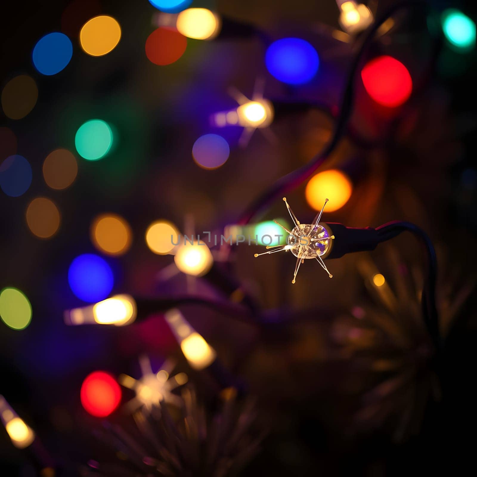 Decorative Christmas lights twinkle in vibrant colors against a dark backdrop, creating a festive atmosphere perfect for the holiday season and celebrations.