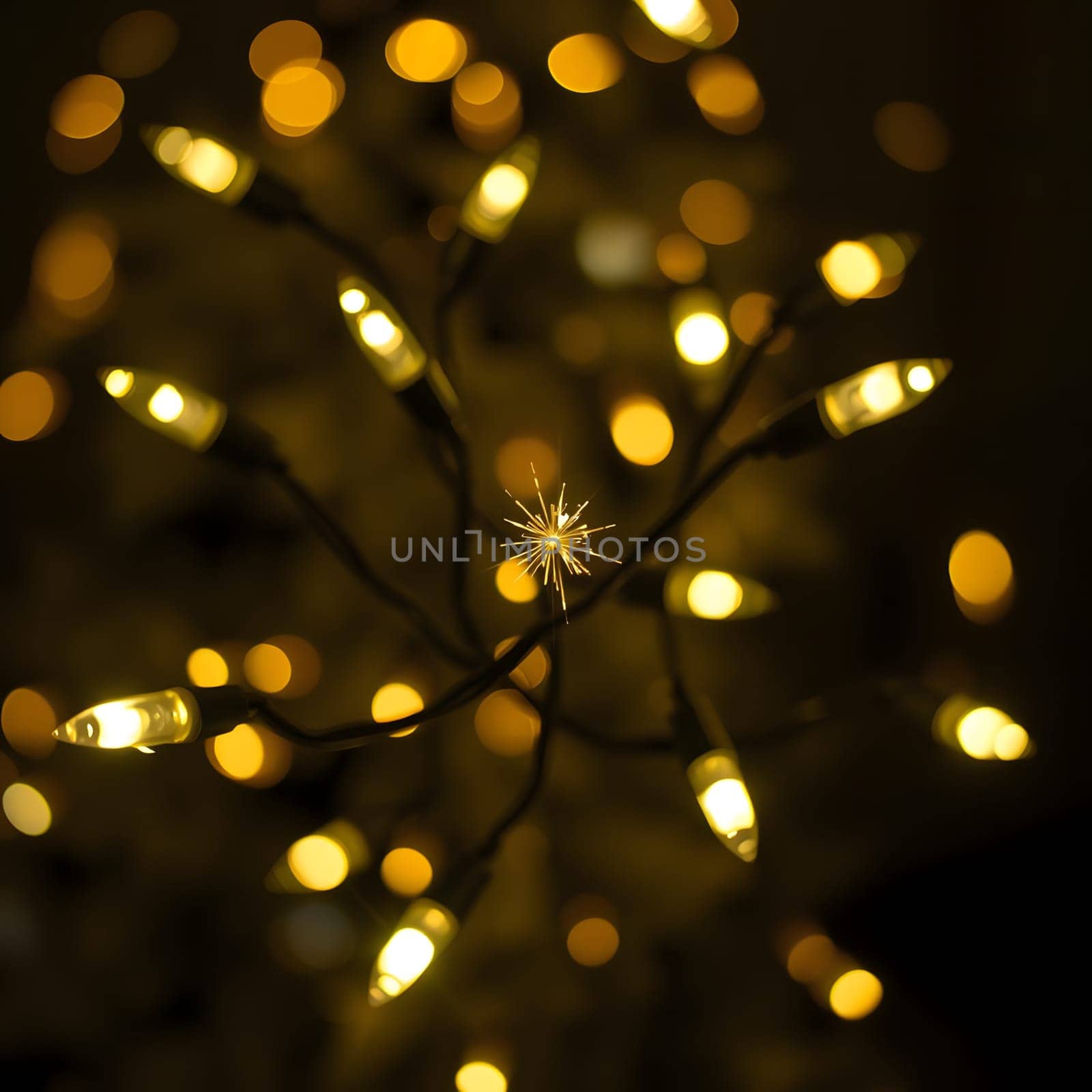Soft yellow lights illuminate the scene, creating a cozy and inviting atmosphere. The twinkling lights are spread across a tree, enhancing the festive spirit of the holiday season.