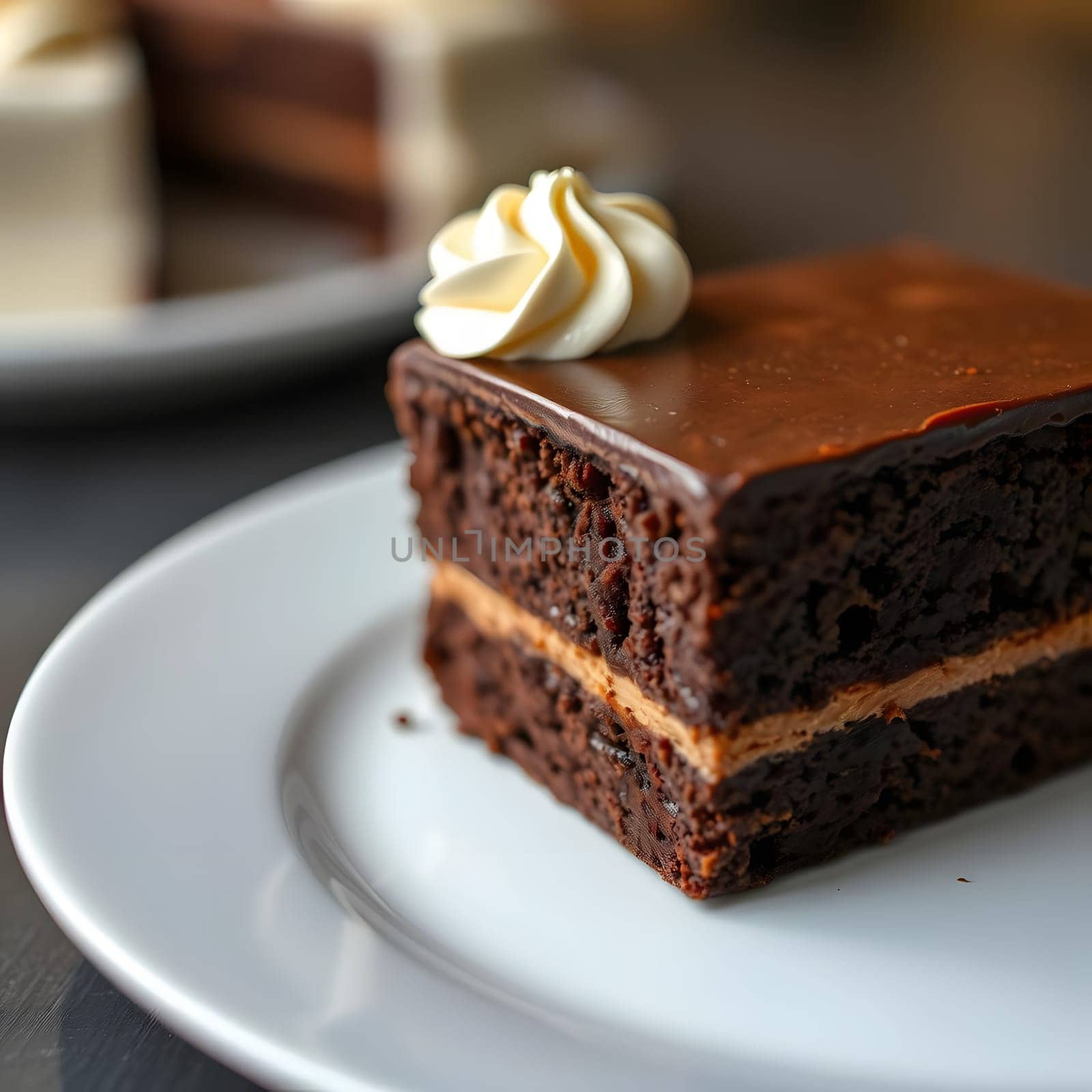 A decadent slice of chocolate cake rests on a white plate, showcasing rich layers and topped with a swirl of creamy frosting, perfect for dessert lovers.