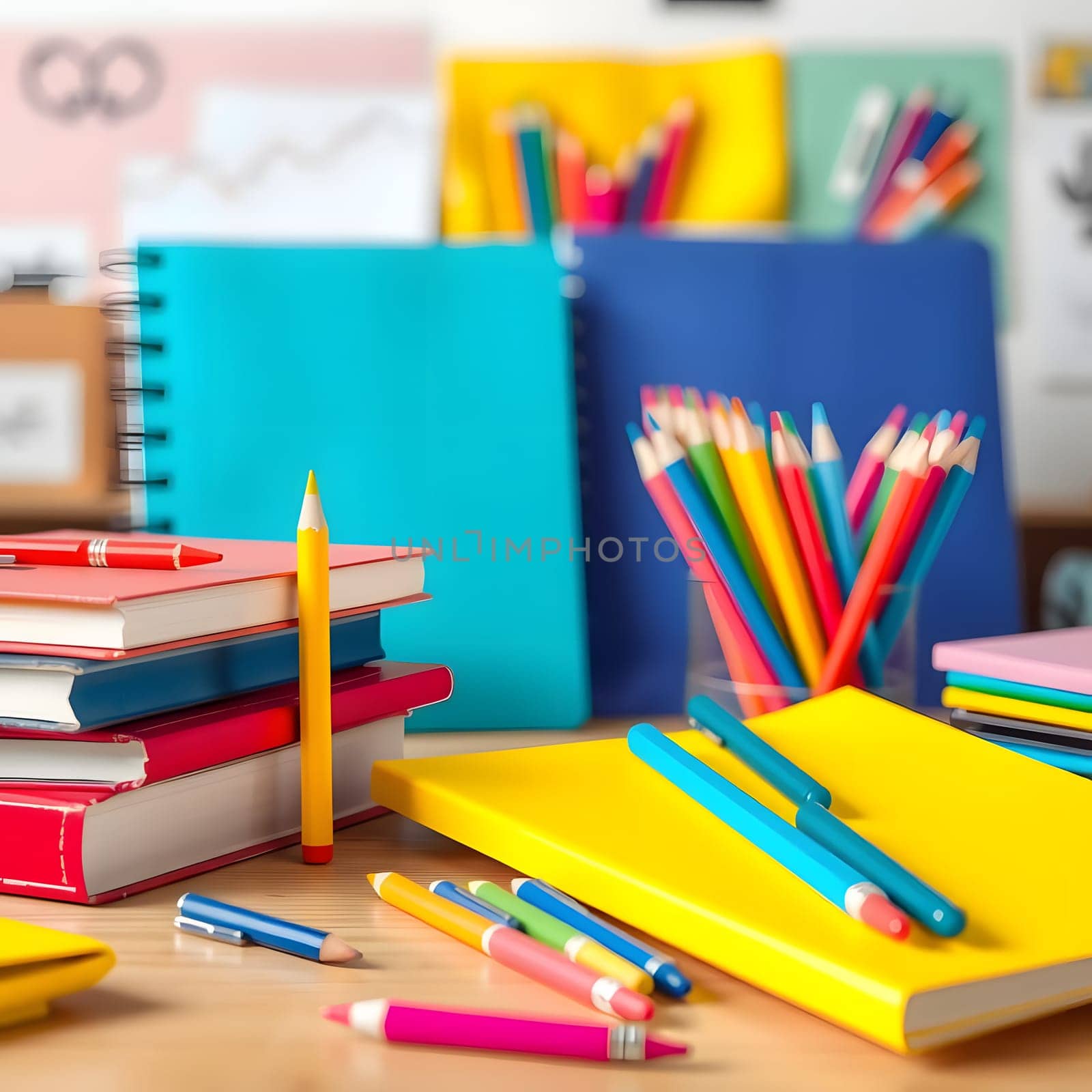 A vibrant collection of notebooks, pens, and colored pencils is spread across a wooden table in a creative workspace filled with cheerful stationery.