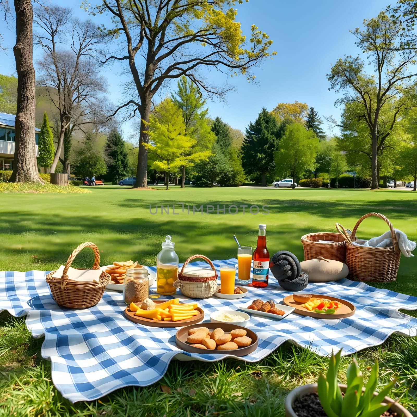 A delightful picnic spread across a vibrant green lawn features an array of snacks and drinks. Guests relax under the sunny sky while enjoying the pleasant outdoor atmosphere.