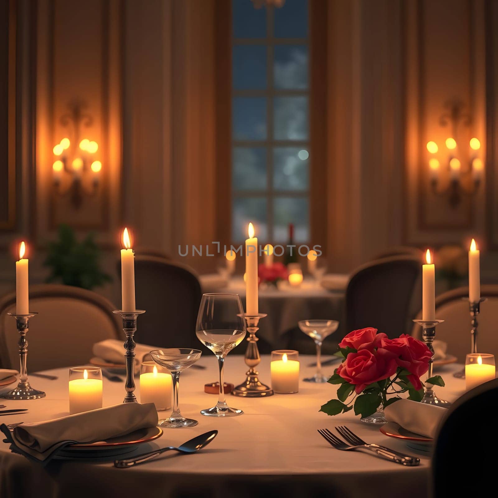The dining area is beautifully arranged with flickering candles and fresh roses. The warm light highlights the elegant tableware and creates a romantic atmosphere perfect for special occasions.