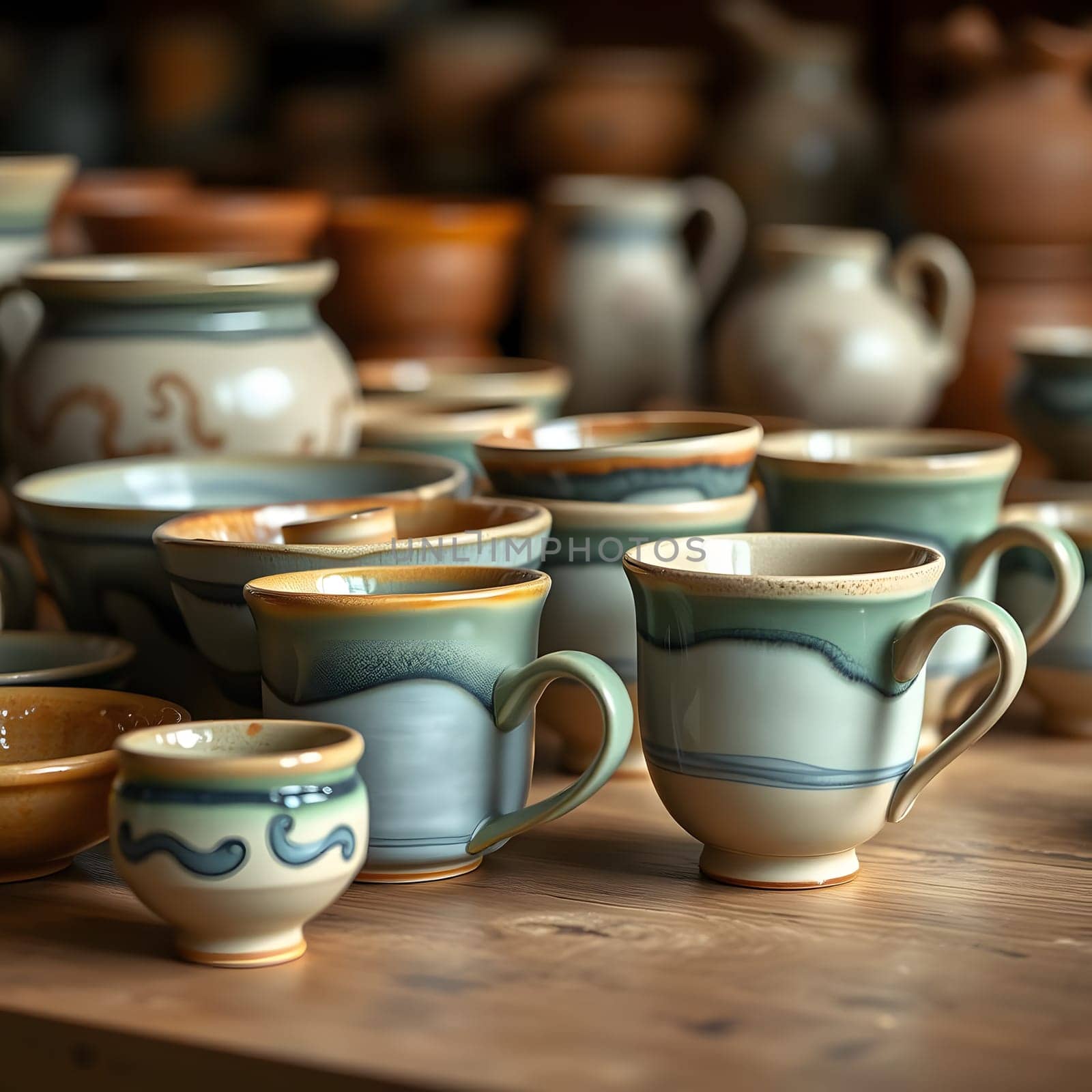 A variety of handmade ceramic cups are arranged on a wooden table within a craft studio. The cups feature unique colors and designs, emphasizing the artistry of local artisans.