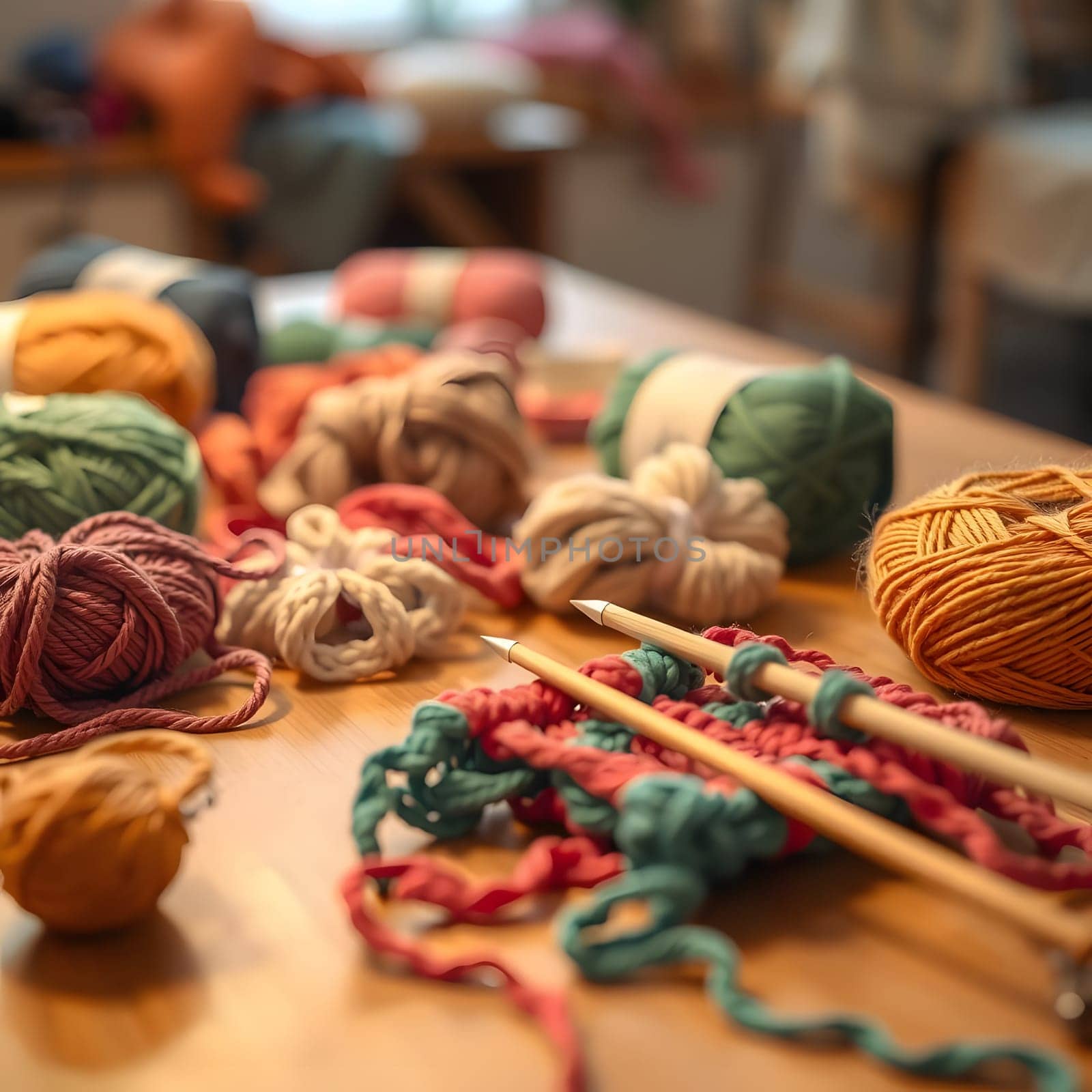 A cozy workspace filled with vibrant yarn balls and strands scattered across a wooden table. Knitting needles lie nearby, showcasing a crafted project in progress.