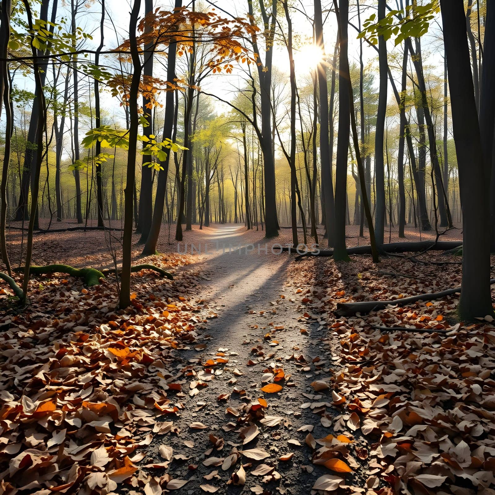A tranquil path winds through a forest adorned with autumn leaves, bathed in warm sunlight. The ground is covered in a colorful tapestry of fallen leaves, reflecting the beauty of the season.