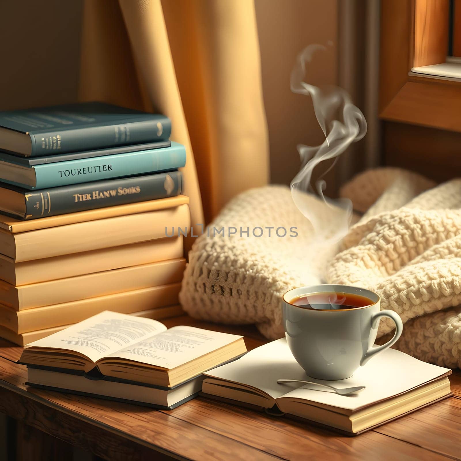 A serene reading corner features a steaming cup of coffee beside open books, snugly wrapped in a knitted blanket, illuminated by soft afternoon sunlight through the window.