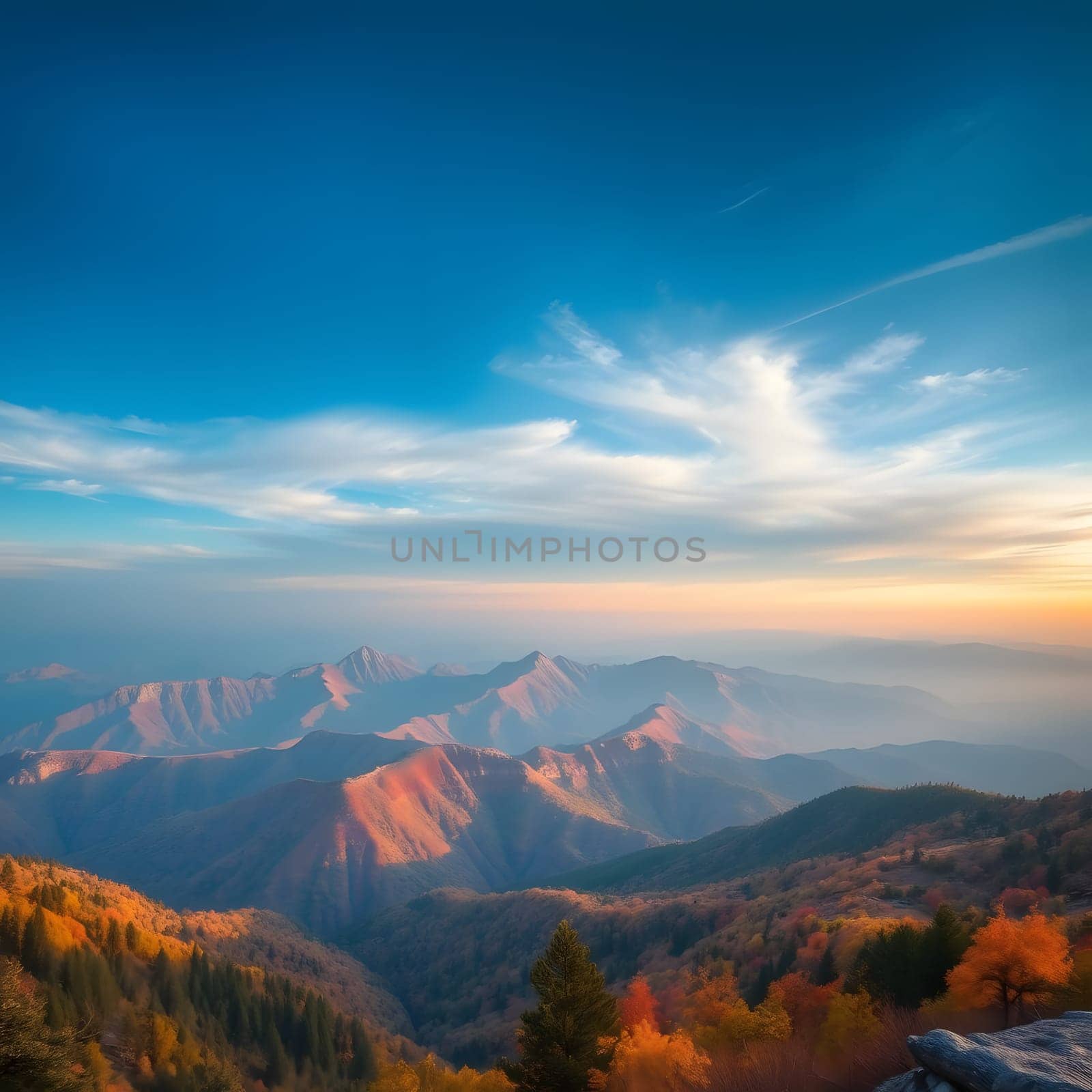 A breathtaking view of the Smoky Mountains showcasing vibrant autumn colors under a clear blue sky. The evening light casts a warm glow over the peaks, creating a serene atmosphere.