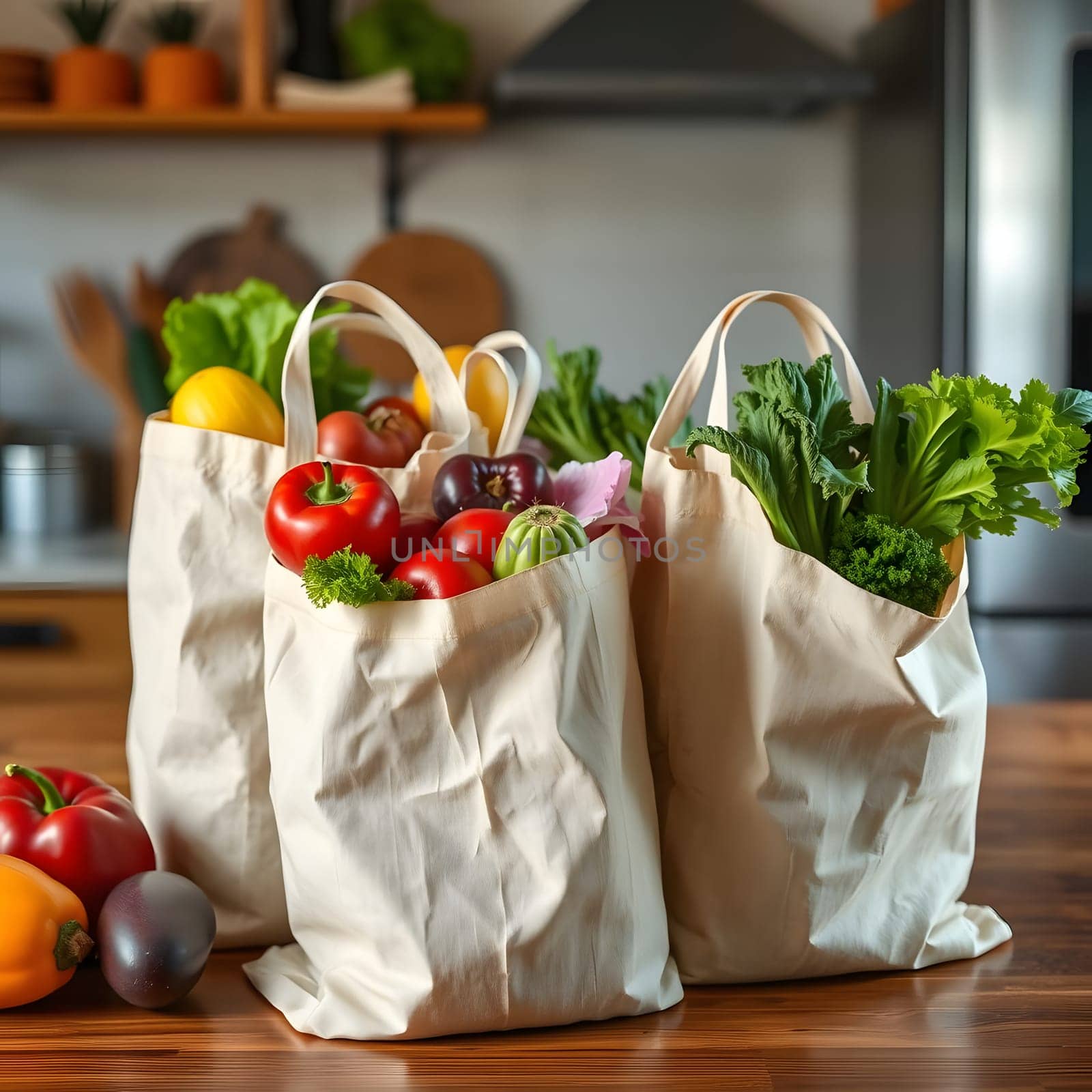 Several reusable bags brimming with colorful vegetables rest on a wooden kitchen table, showcasing fresh tomatoes, greens, and citrus fruits in a cozy, well-lit setting.