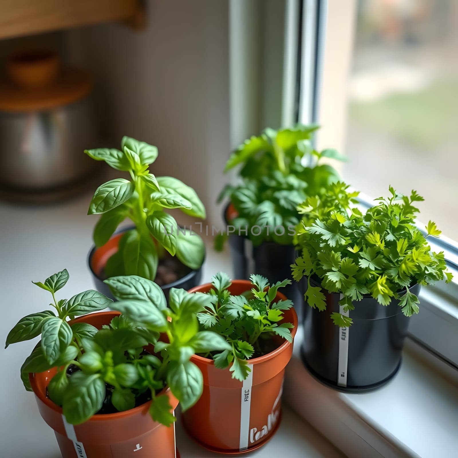 A collection of herb plants in pots sits on a windowsill, soaking up sunlight. Varieties include basil and cilantro, creating a vibrant and fresh atmosphere in the kitchen.