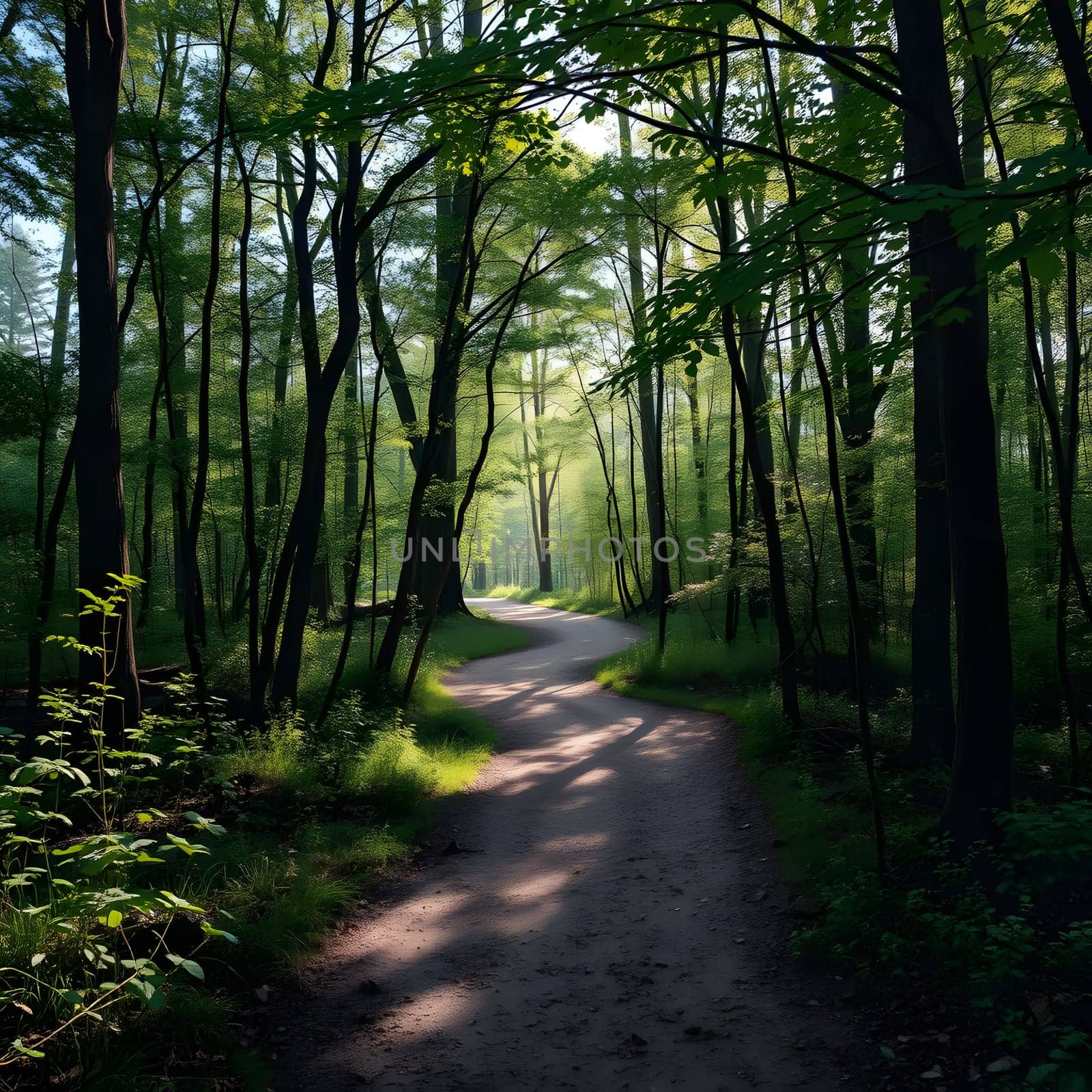A peaceful trail meanders through a dense forest filled with vibrant green trees, sunlight filtering through the foliage, creating a tranquil atmosphere perfect for a stroll.