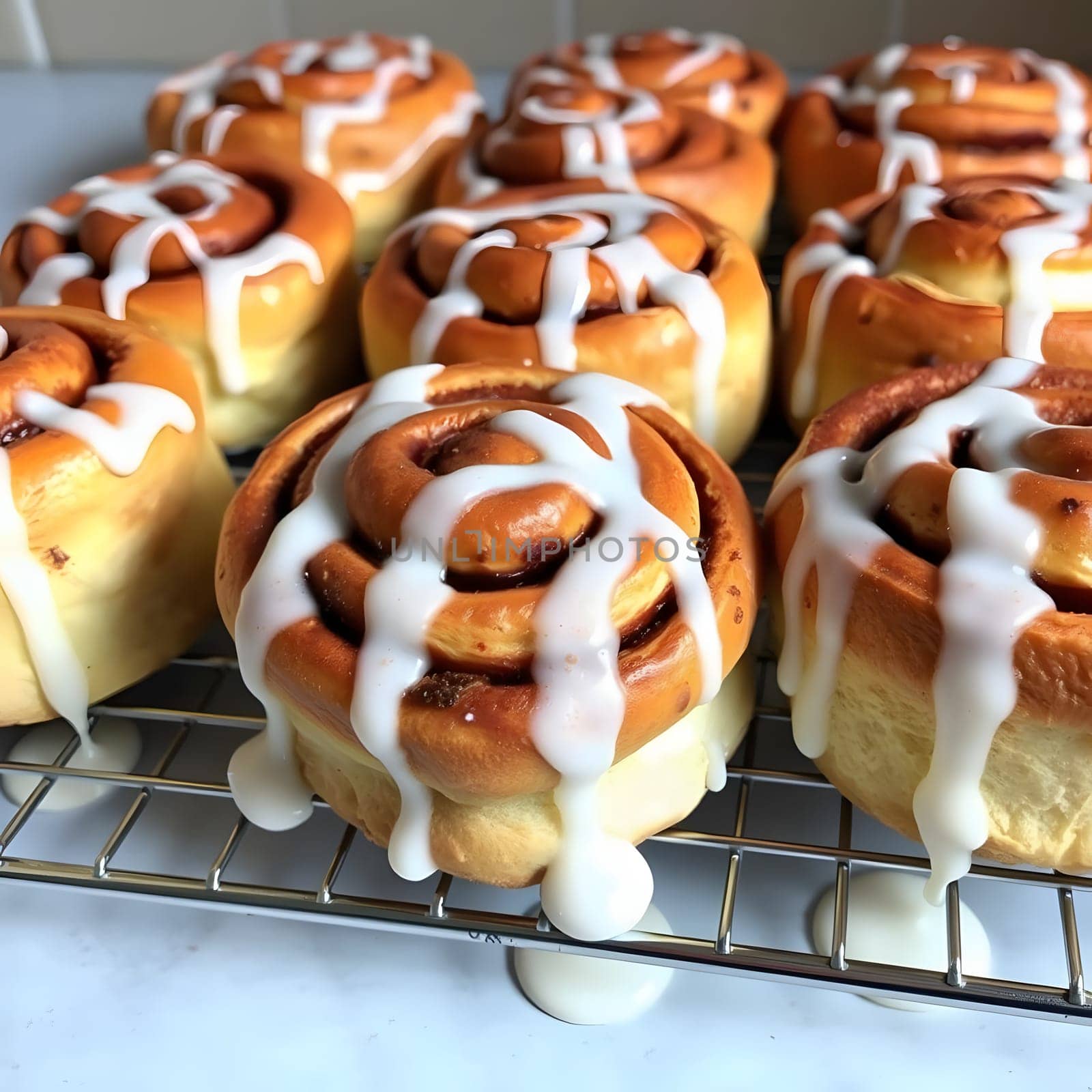 Soft and delicious cinnamon rolls are cooling on a wire rack in a warm kitchen. They are drizzled with sweet icing, ready to be served for breakfast or dessert.