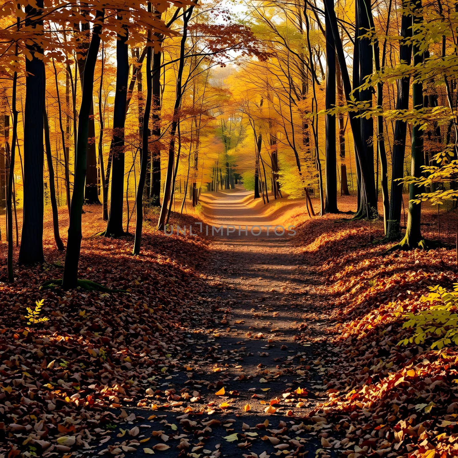 A peaceful forest path is covered with vibrant golden leaves, illuminated by the soft sunlight filtering through the trees. This serene setting invites a leisurely stroll amidst nature's beauty.