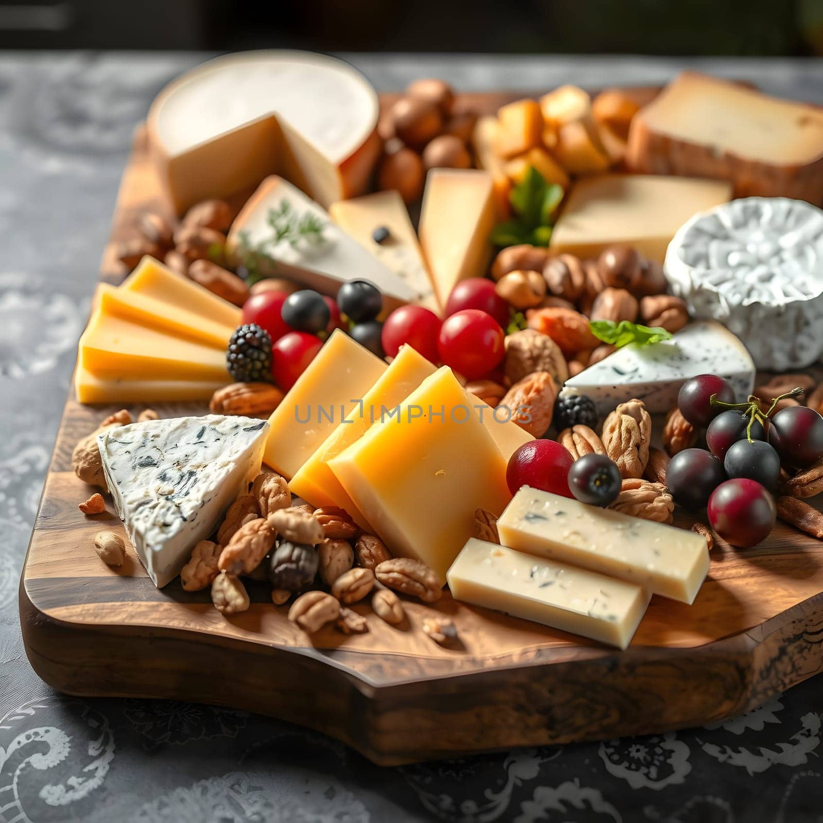 An inviting assortment of cheeses, fresh fruits, and assorted nuts arranged beautifully on a wooden board, perfect for gatherings or a gourmet experience.