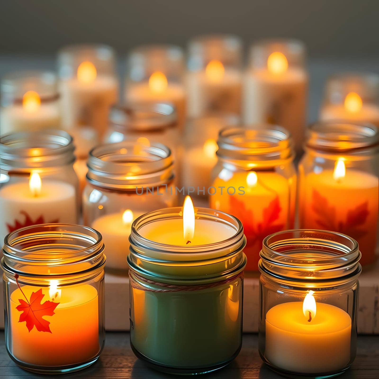 A collection of candles in glass jars with autumn-themed designs illuminates a dimly lit room, casting a warm glow and creating a cozy ambiance perfect for fall.