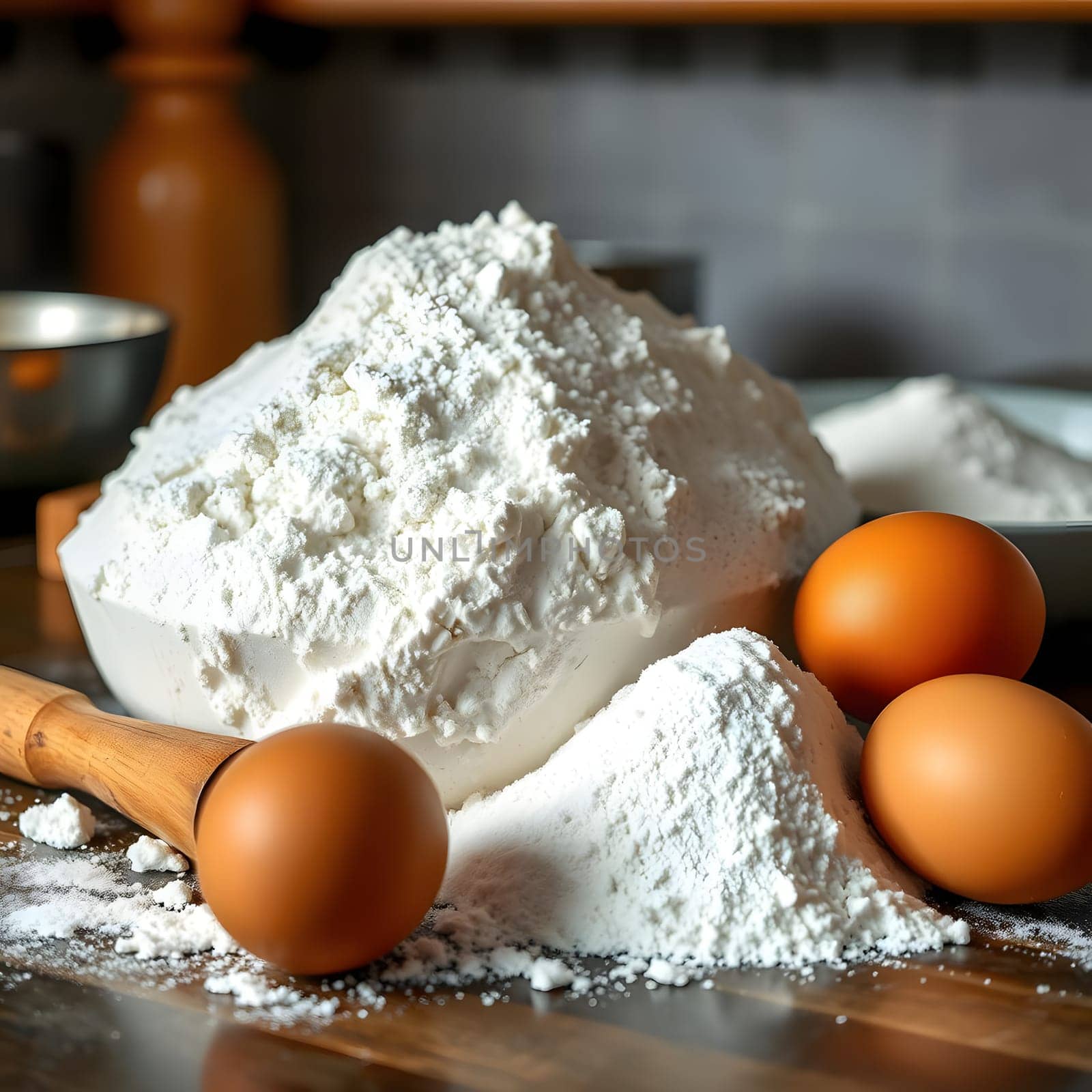 A wooden table displays a mound of flour alongside three fresh eggs and a wooden rolling pin, all set for a baking session