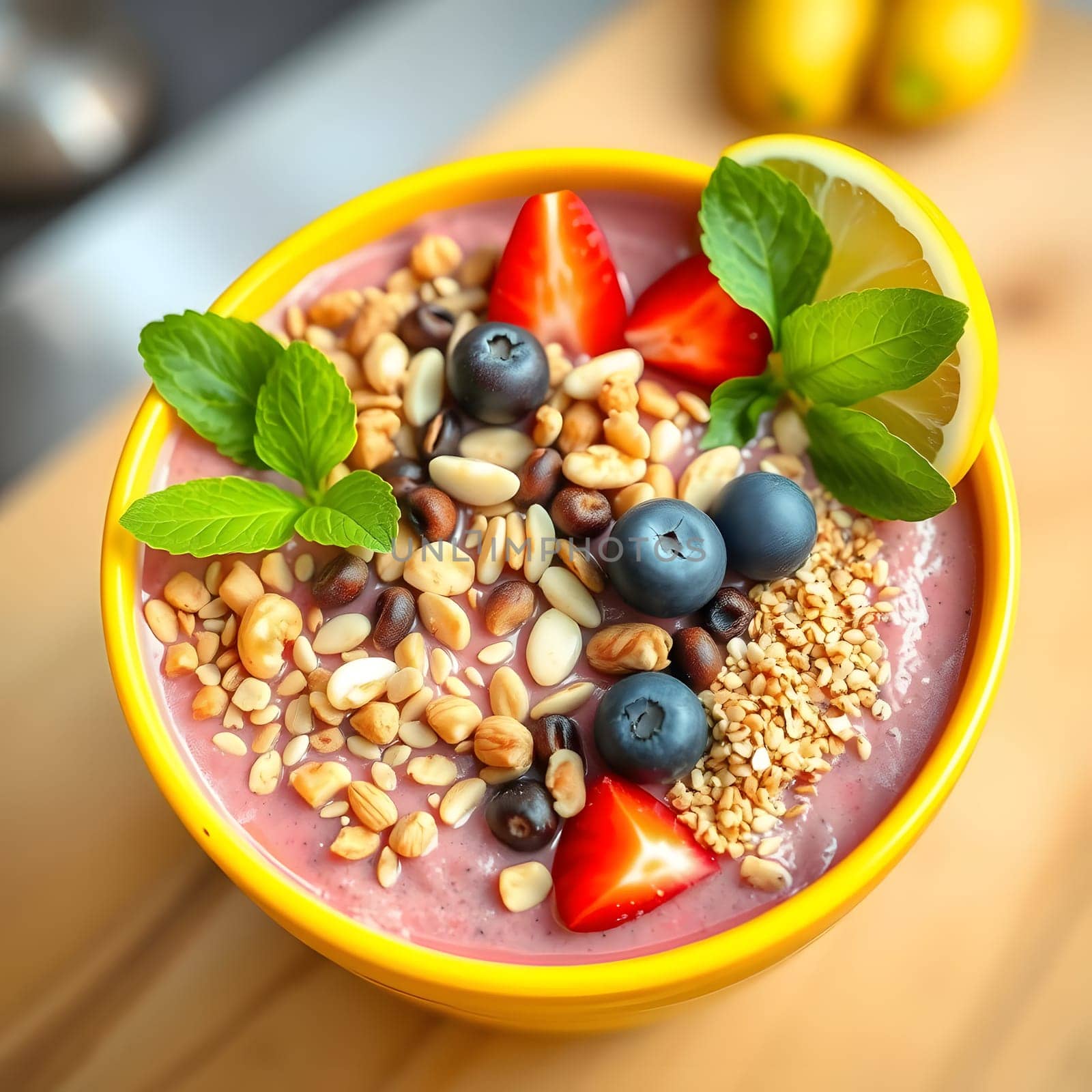 This colorful smoothie bowl blends berries and seeds, topped with strawberries, blueberries, mint, and a lemon slice, served in a bright yellow bowl on a wooden countertop.