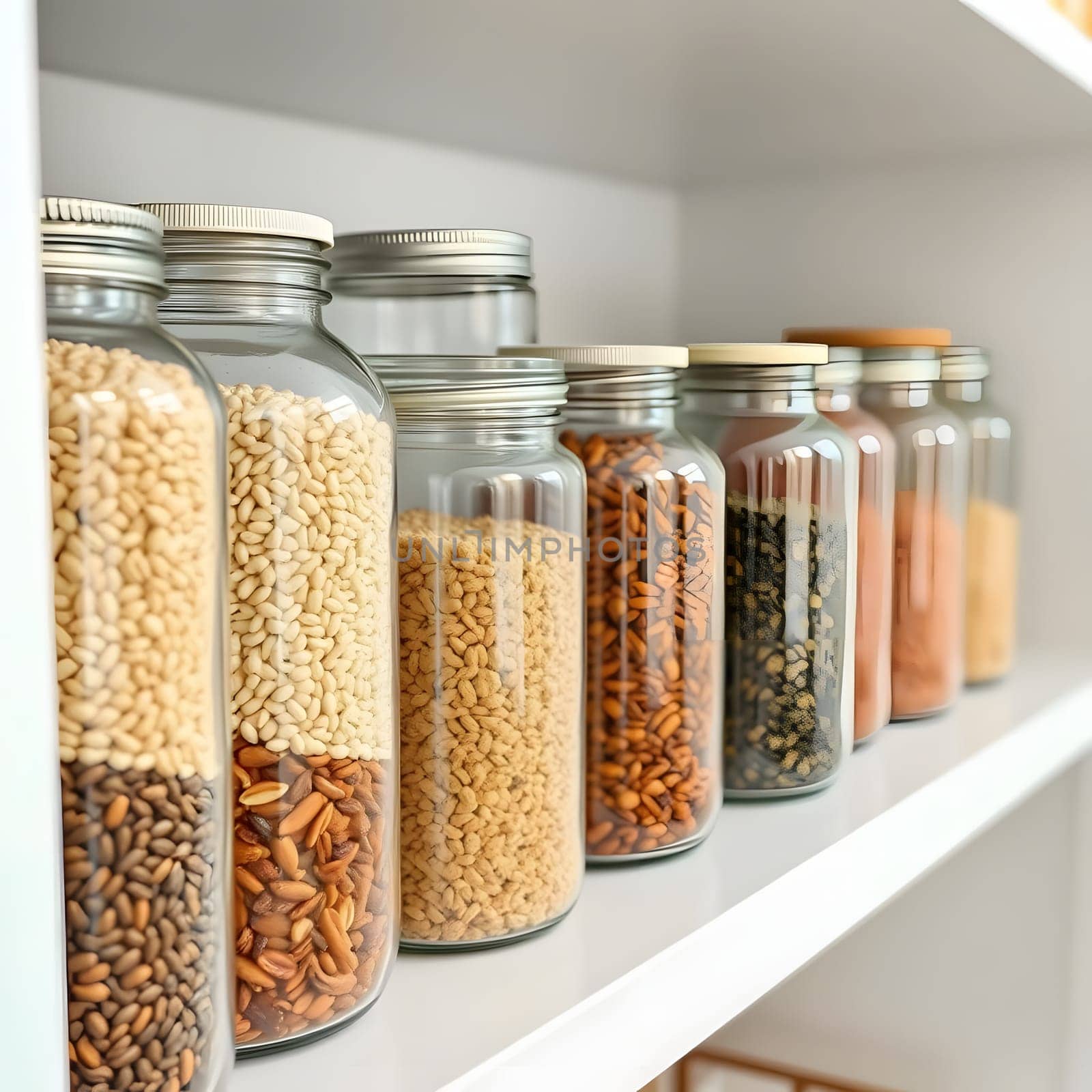 A collection of glass jars containing an assortment of grains sits orderly on a shelf. The jars display a variety of textures and colors, showcasing different types of seeds and legumes.
