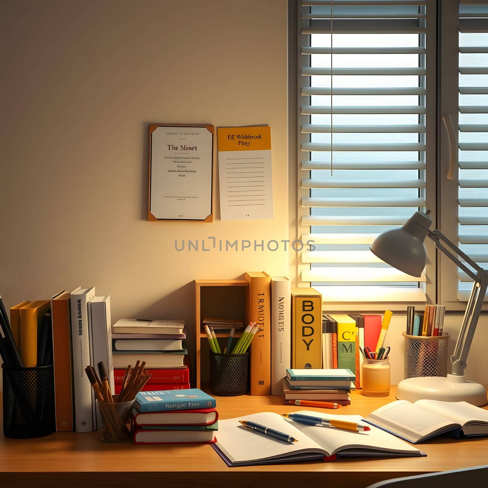 A well-organized study area featuring a wooden desk filled with colorful books, stationary, and a lamp, set against a softly lit wall, creating a calm and inviting atmosphere.
