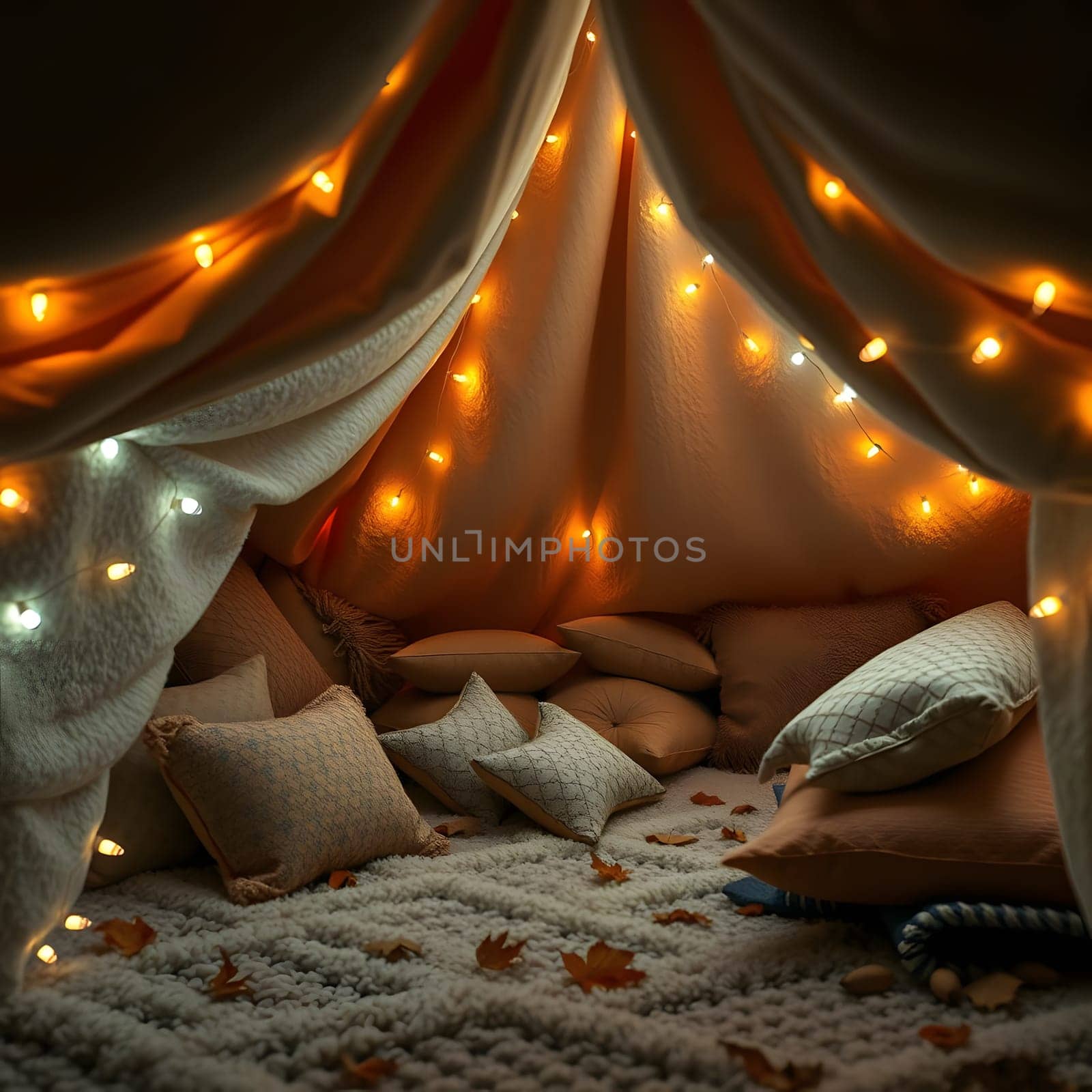 A warm and inviting indoor fort made of blankets, illuminated by soft fairy lights, filled with plush pillows and scattered autumn leaves, perfect for relaxing or reading.