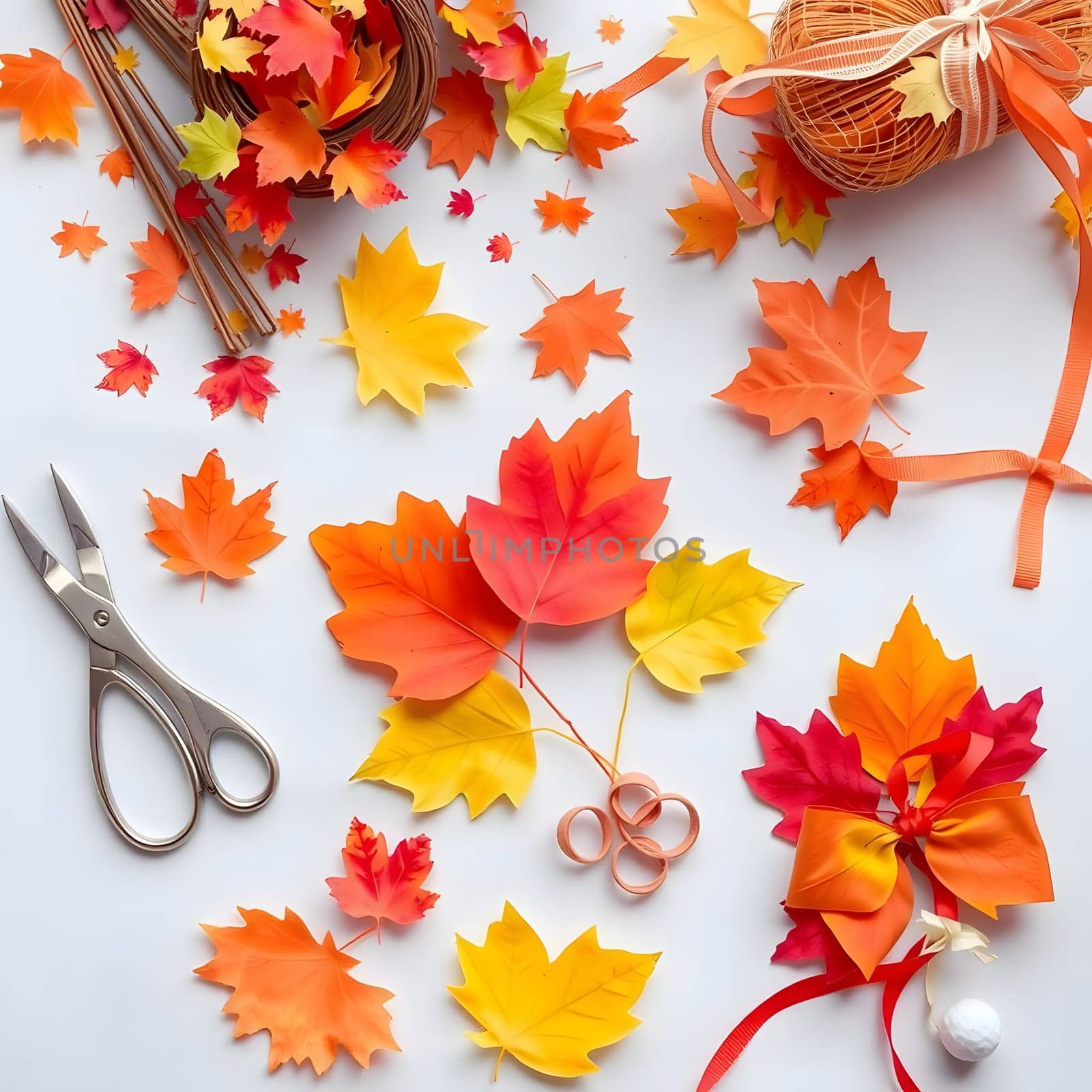 A crafting table is adorned with vibrant paper leaves in shades of yellow, orange, and red, alongside scissors, twine, and ribbons set for creating autumn-themed decorations.