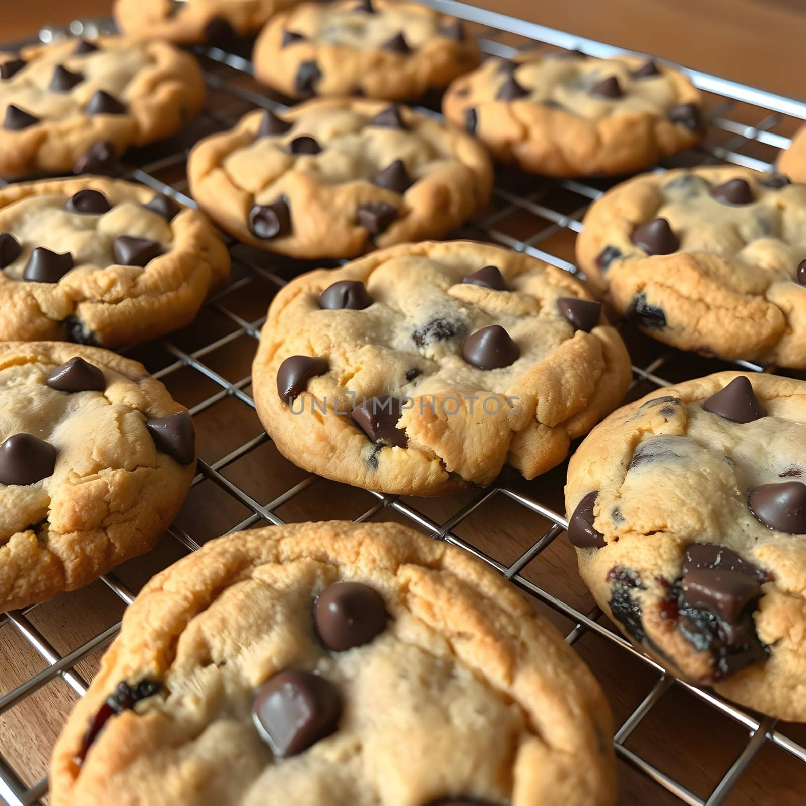 Soft, golden chocolate chip cookies rest on a wire rack after baking, showcasing their melted chocolate bits. The kitchen setting adds warmth to this delicious treat.