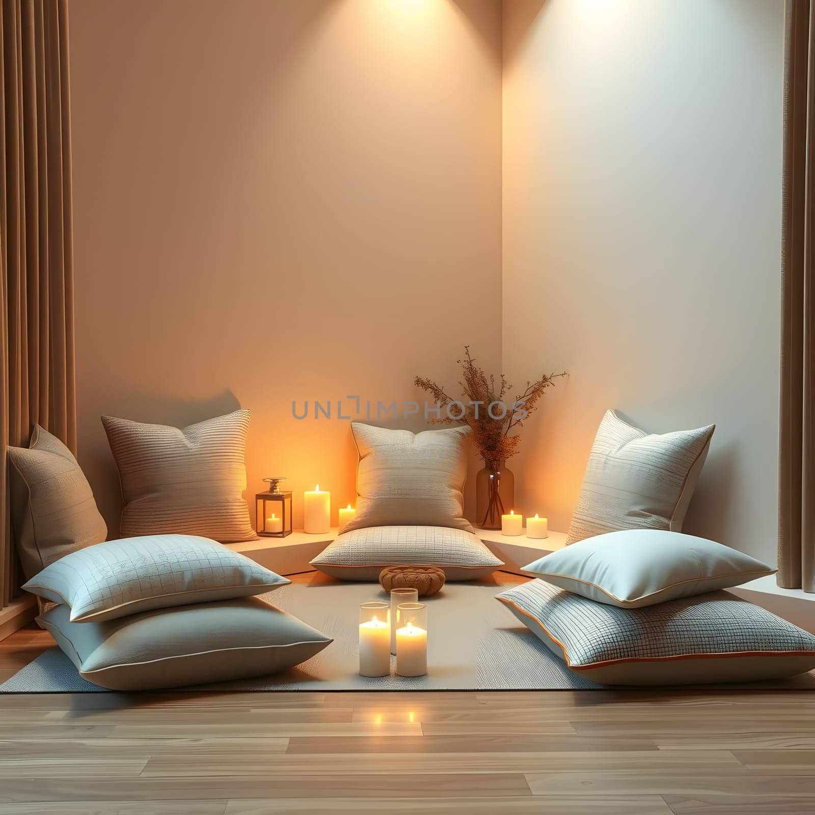 A tranquil corner features soft cushions and flickering candles, creating a serene atmosphere for relaxation and meditation. Natural light enhances the warmth of the space.
