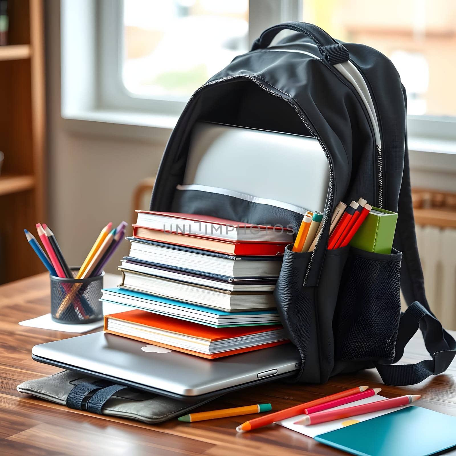 A backpack rests on a study desk, overflowing with books and stationery. Nearby are a laptop, writing tools, and a cup for organizing pencils, creating a study-friendly atmosphere.
