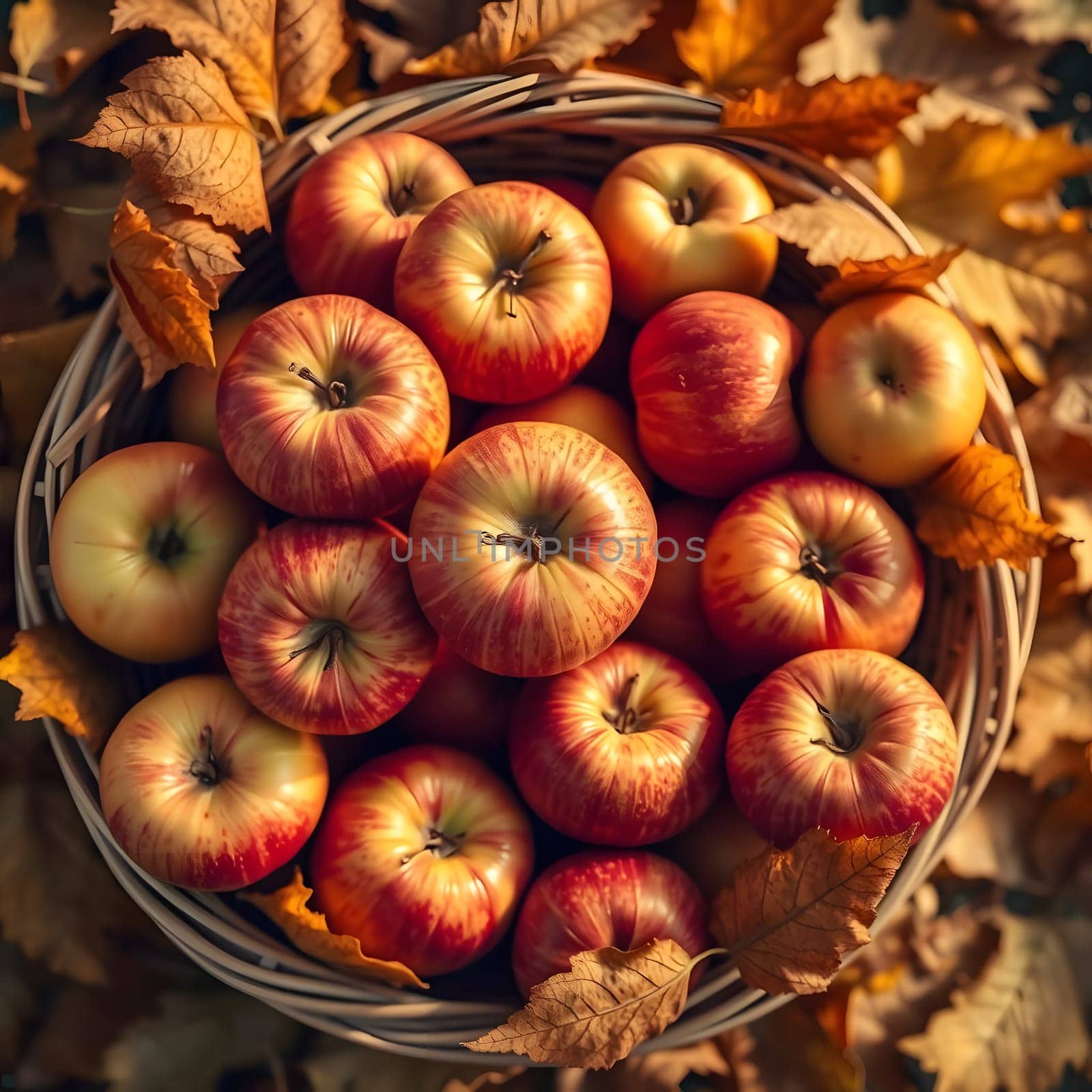 A woven basket filled with ripe red and yellow apples sits amid vibrant autumn leaves. The warm colors highlight the beauty of the harvest season, inviting a sense of warmth and freshness.