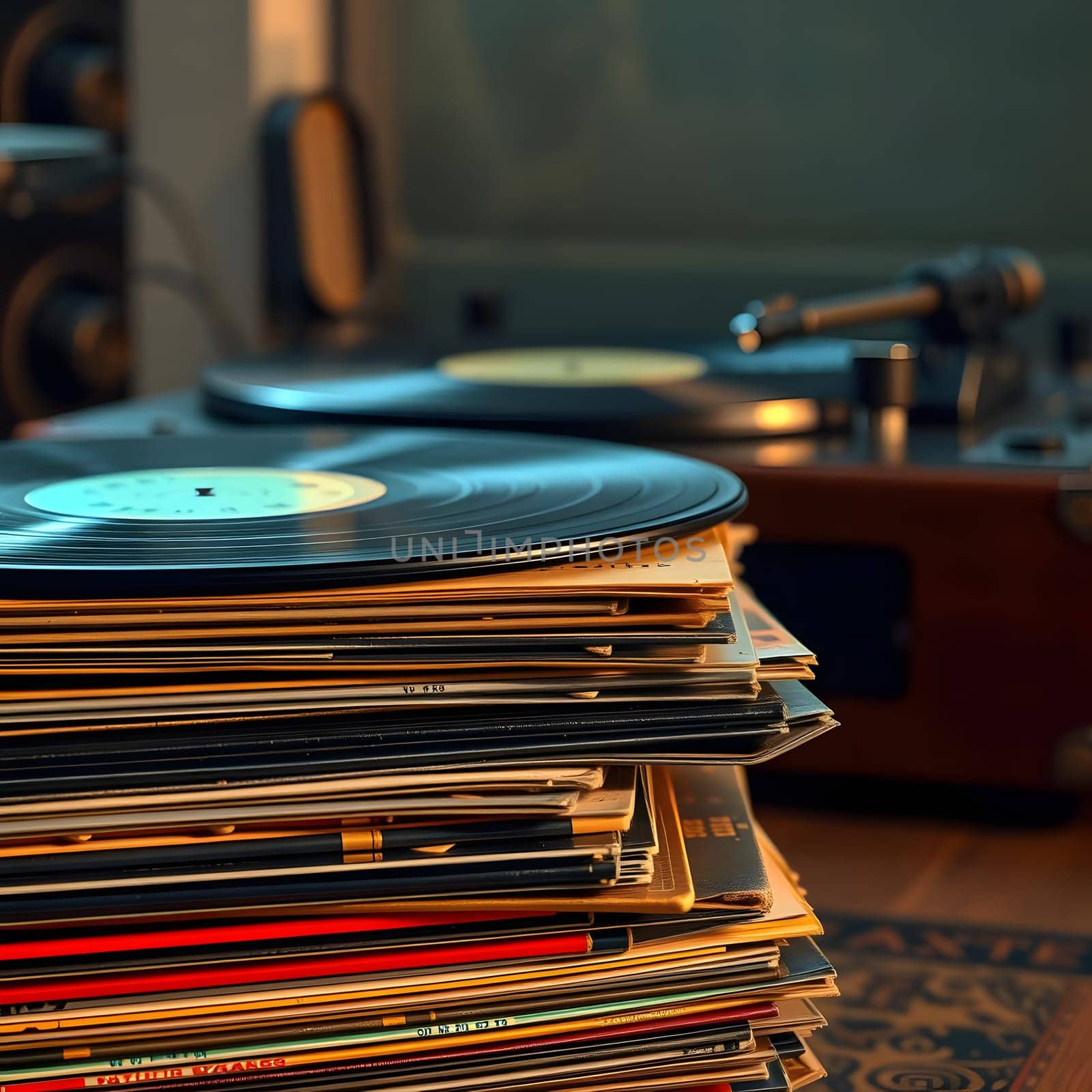 A collection of vinyl records is neatly stacked beside a classic turntable in a warm, inviting room. The focus is on the musical atmosphere and nostalgia of analog sound.