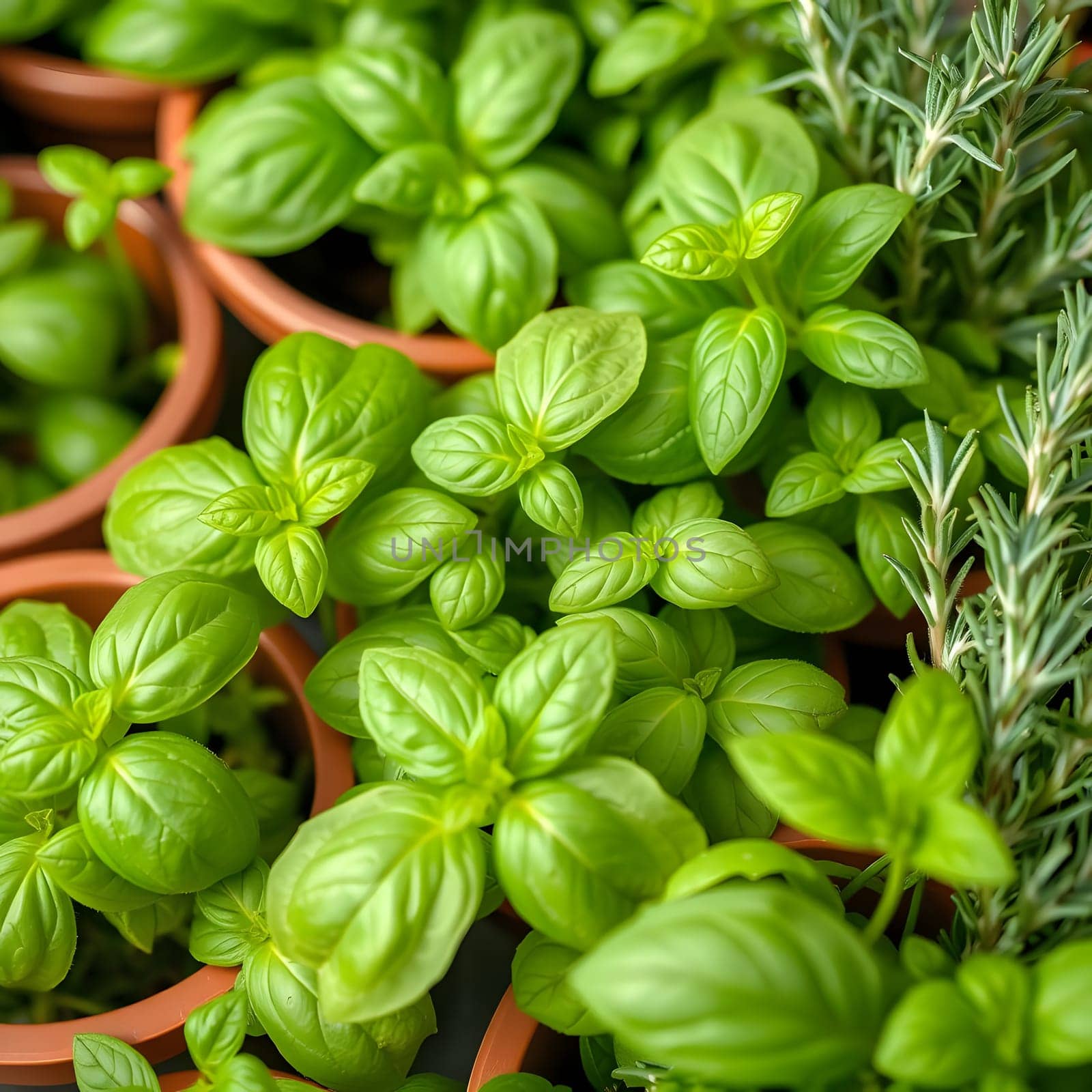 A colorful display of healthy basil and rosemary plants growing in small pots. The bright green leaves create an inviting atmosphere in a garden or kitchen setting.