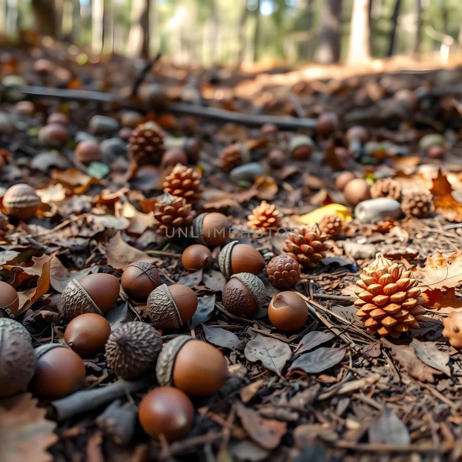 The forest floor is covered with acorns and pine cones surrounded by fallen leaves, showcasing the rich textures and colors of autumn in a serene woodland setting.