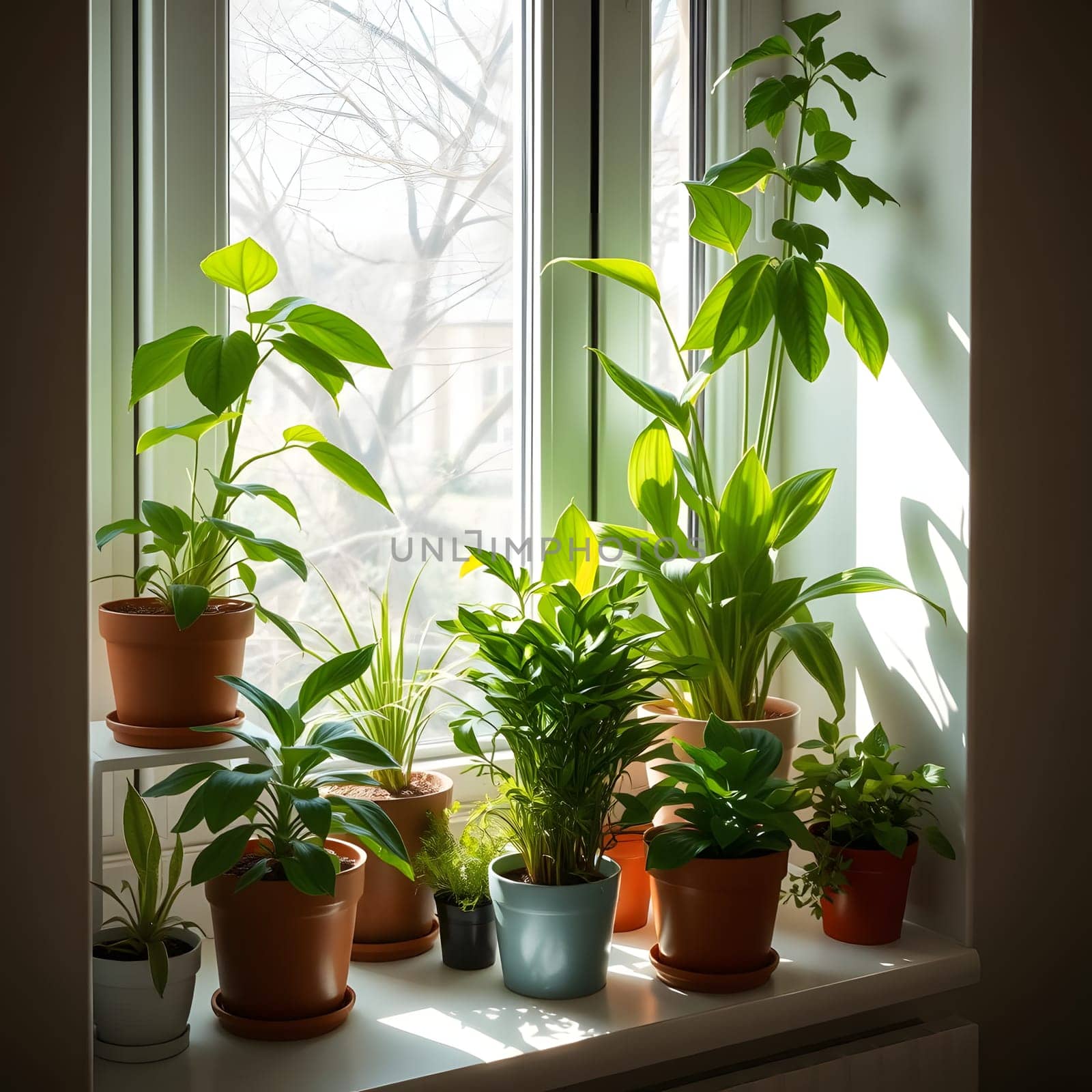 Several potted plants of different varieties are arranged on a sunlit windowsill. The sunlight casts beautiful shadows and highlights the vibrant green leaves against the bright background.
