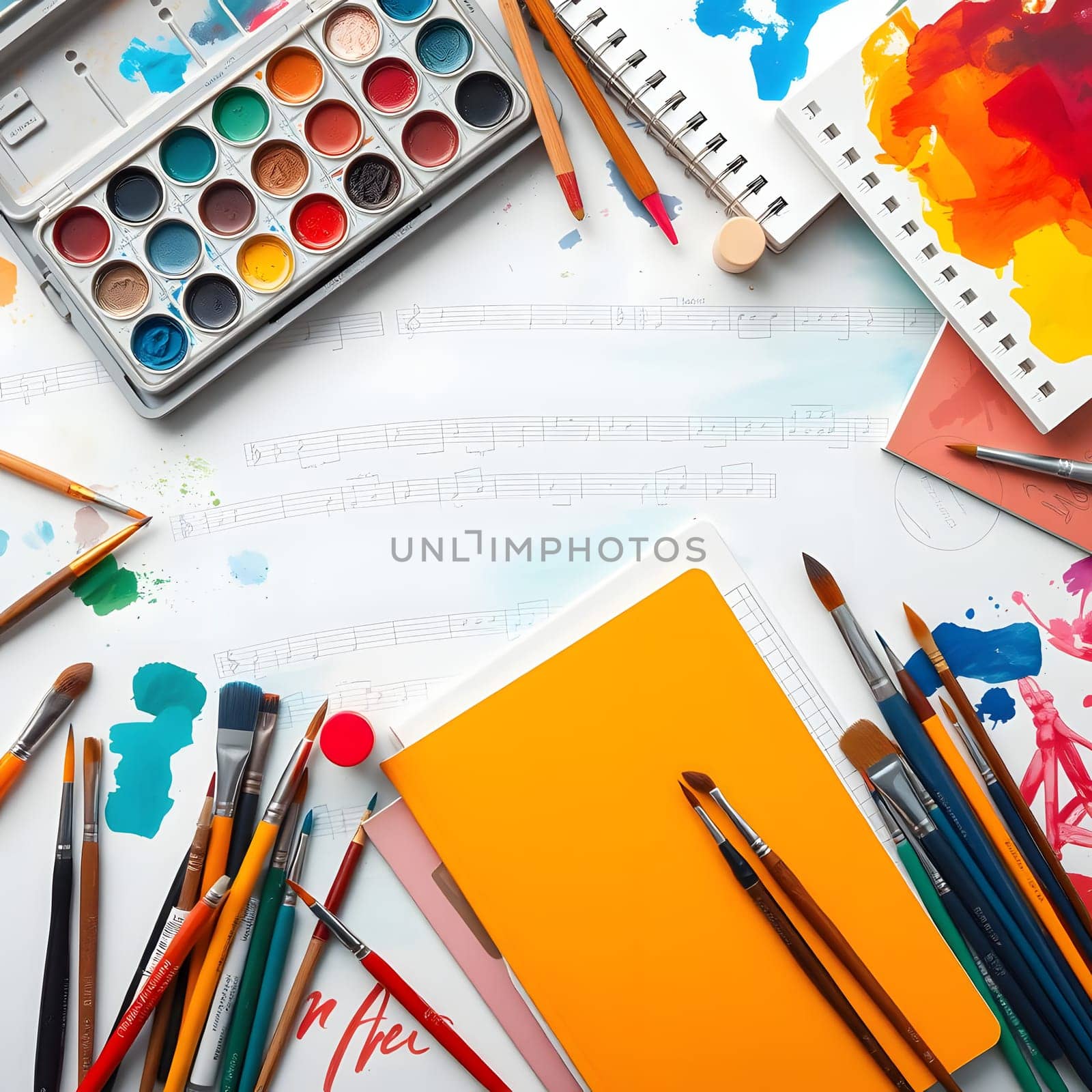 A vibrant workspace features an array of art supplies, including paint palettes, brushes, and sketchbooks. The background includes sheet music and colorful splashes, inspiring creativity.