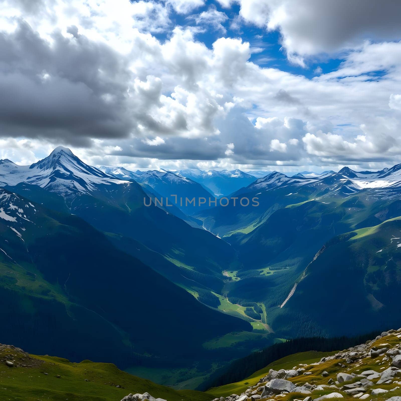 Majestic peaks and green valleys stretch widely under a sky filled with fluffy clouds. The brilliant colors and vast expanses create a breathtaking view of nature's beauty during summer.