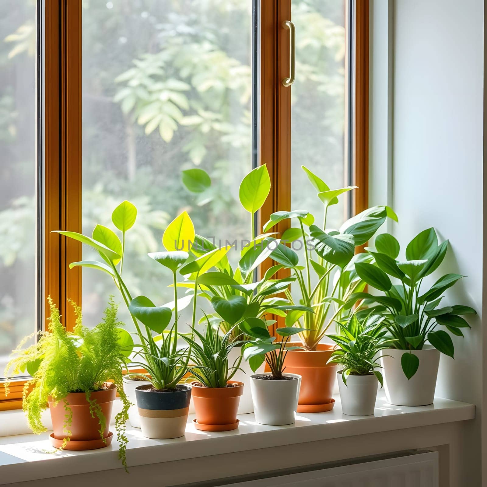 A variety of vibrant green plants are arranged on a windowsill, basking in natural sunlight. Their leaves are lush, creating a refreshing greenery against the soft backdrop of nature outside.