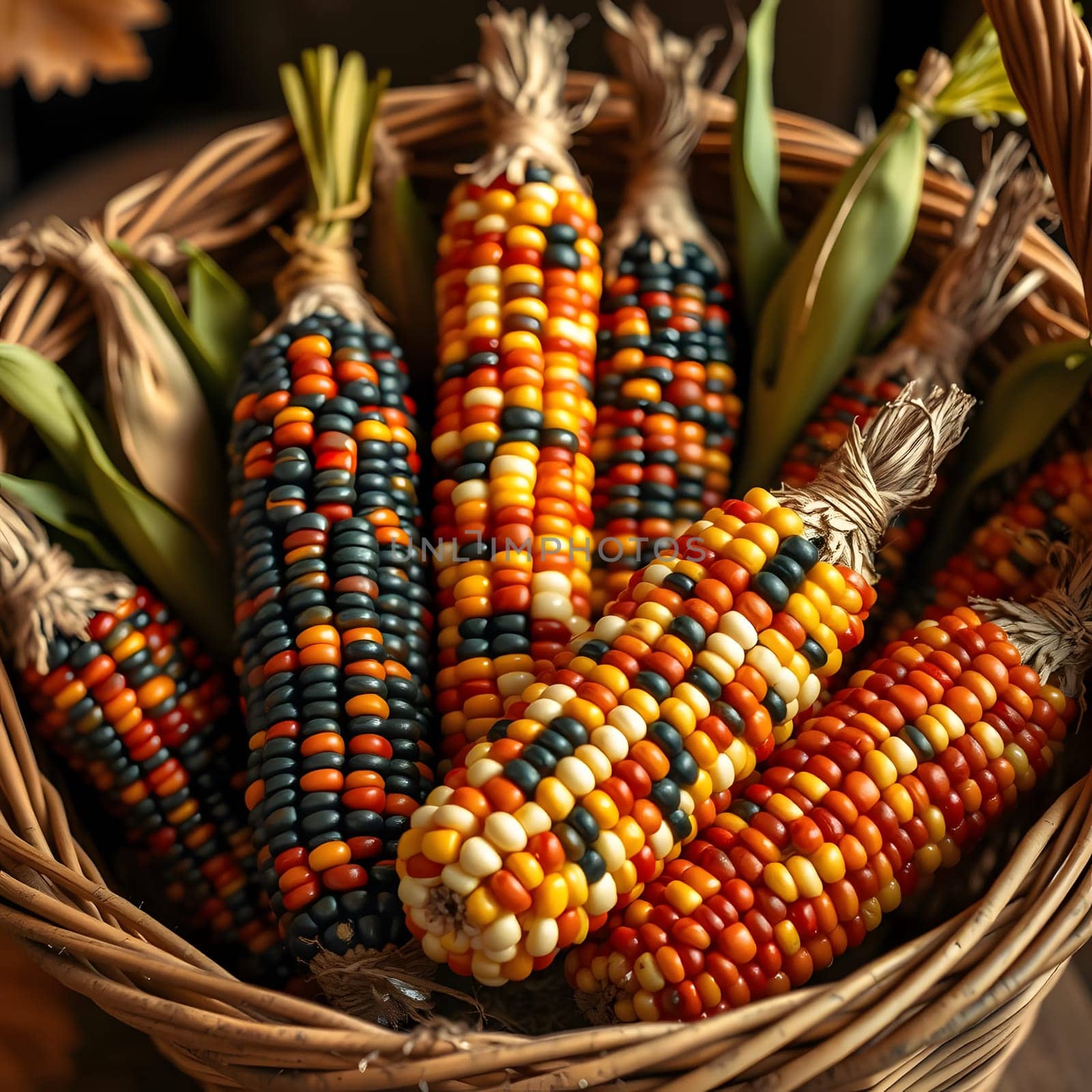 A woven basket is filled with vibrant corn cobs in shades of orange, yellow, and blue, celebrating the essence of the autumn harvest season and festive decorations.