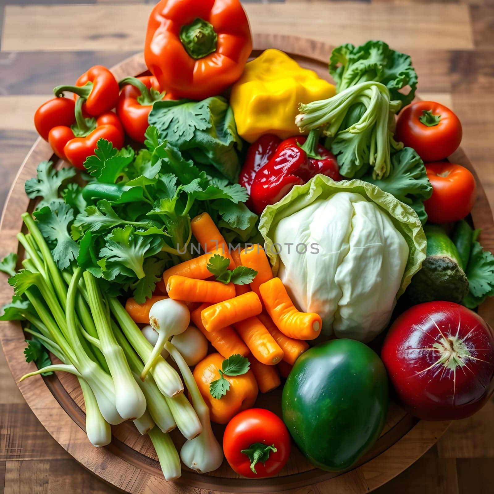 A vibrant selection of fresh vegetables arranged artfully on a wooden platter, including peppers, carrots, tomatoes, and leafy greens, showcasing their natural colors and textures.