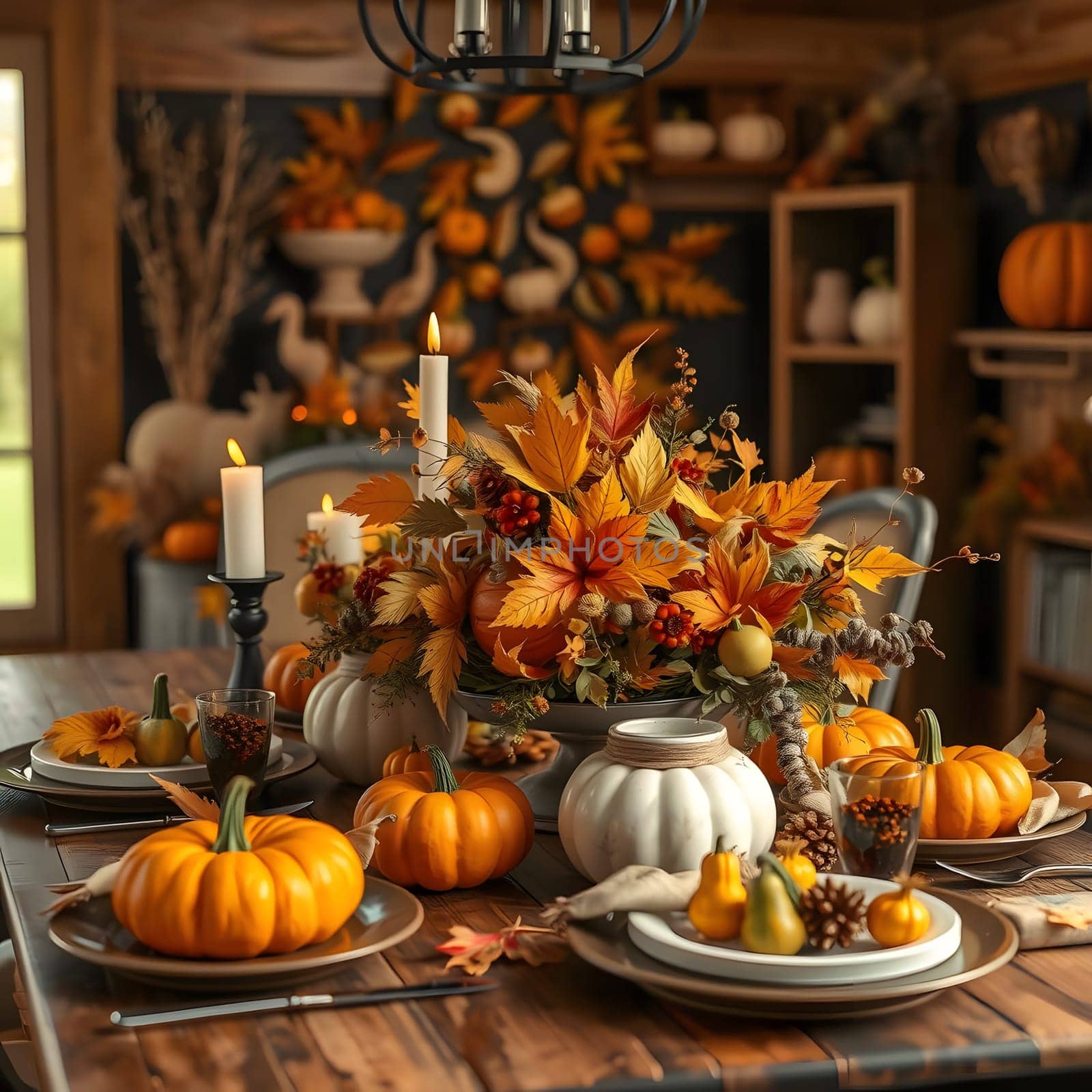 A beautifully arranged autumn dinner table showcases vibrant pumpkins, seasonal leaves, and candles, creating a warm, inviting atmosphere perfect for fall gatherings and celebrations.