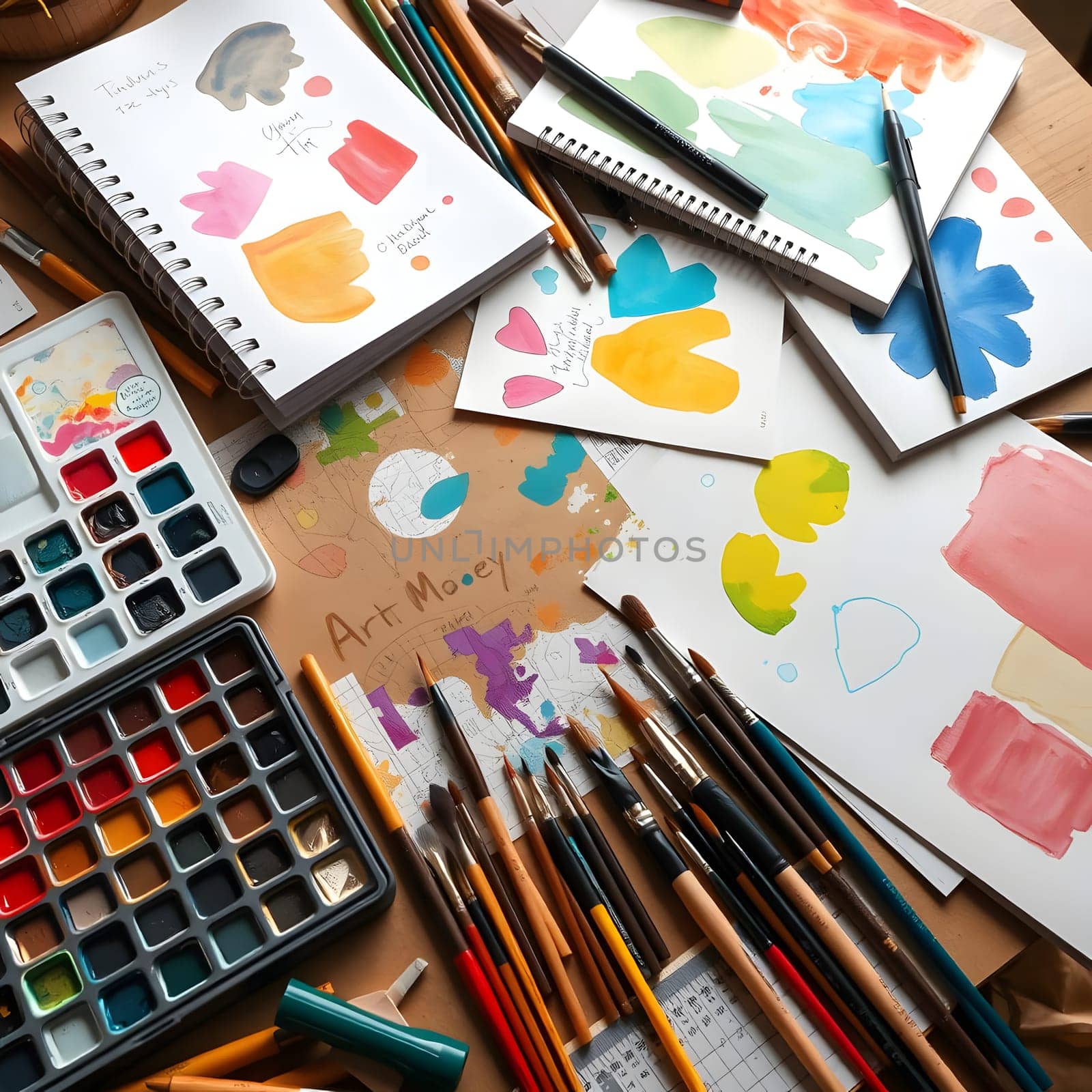 A vibrant workspace showcases an array of colorful paints, brushes, and various sketches scattered across the table, highlighting the artistic process during late afternoon.