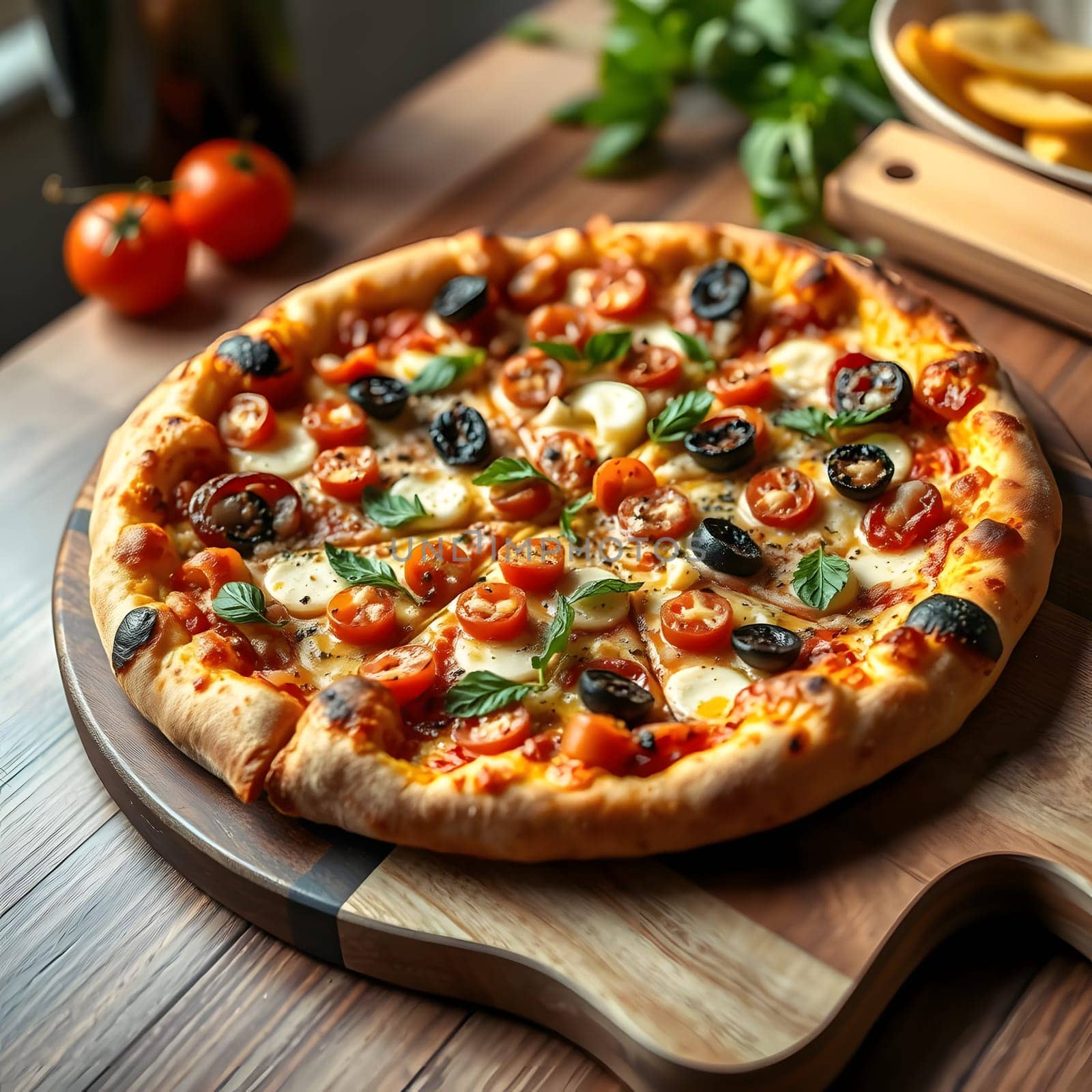 A delicious pizza topped with cherry tomatoes, black olives, and fresh basil sits on a wooden cutting board, surrounded by cherry tomatoes and herbs, highlighting its appetizing appeal.