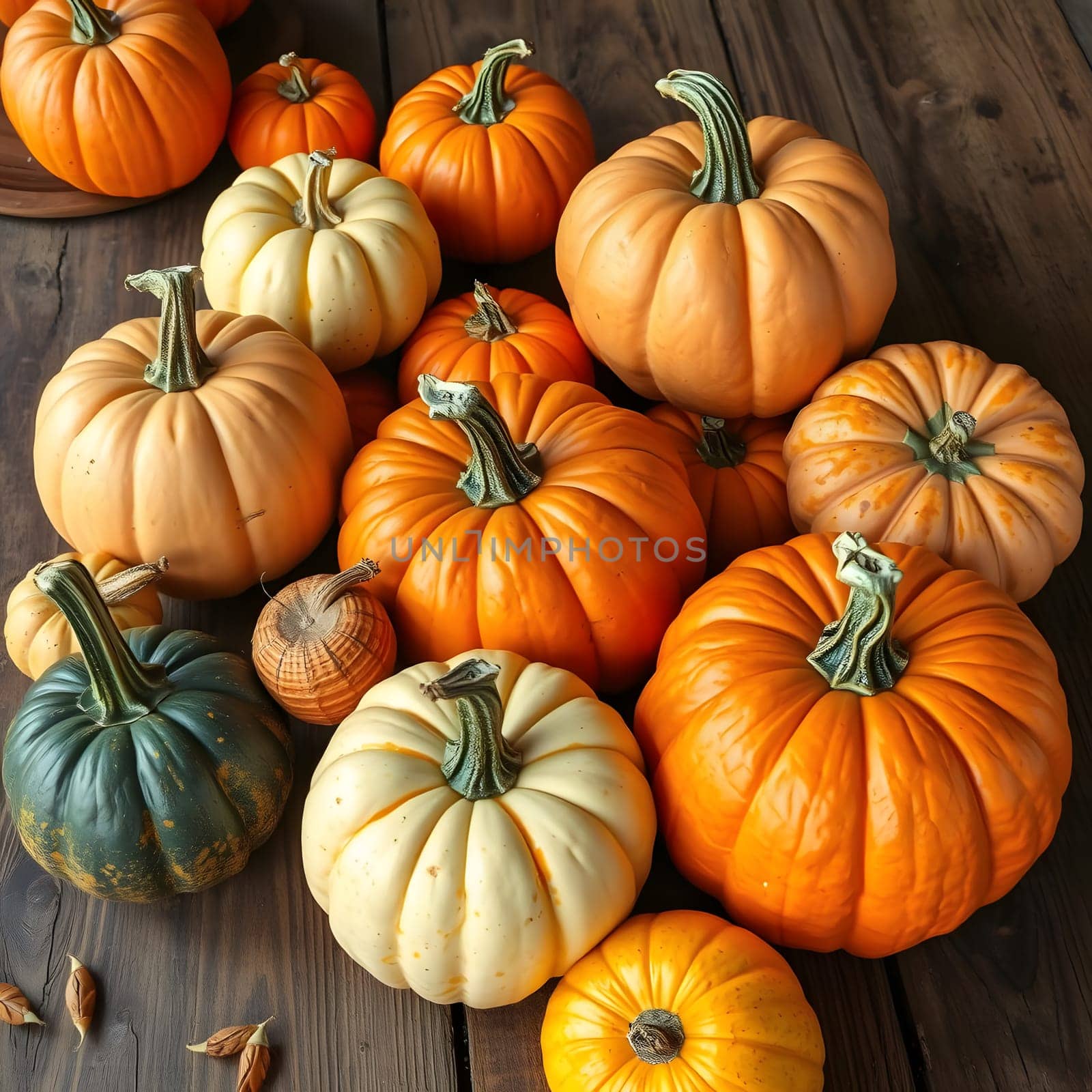 Various pumpkins in shades of orange, white, and green are scattered across a rustic wooden table, creating a festive autumn ambiance perfect for seasonal decorations.