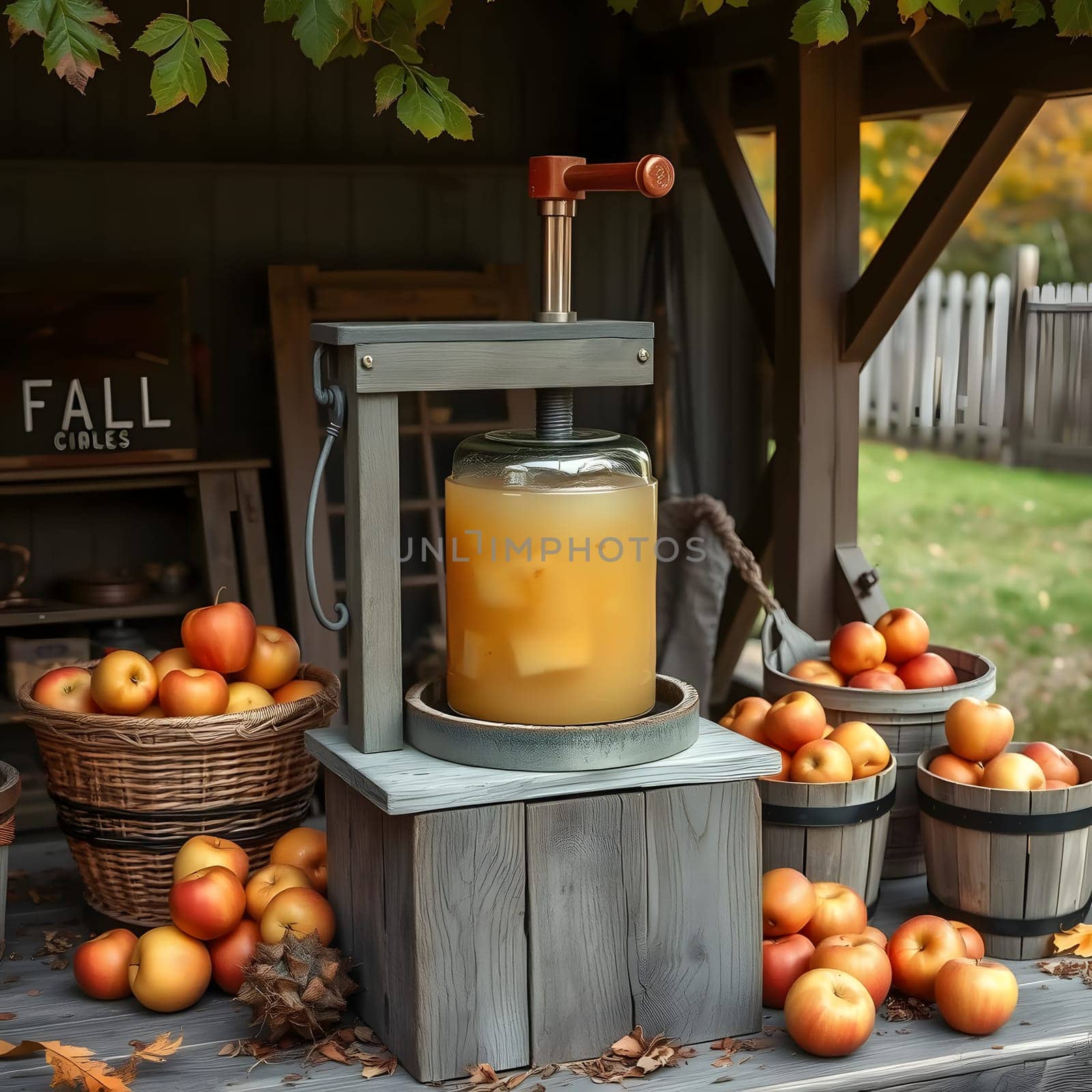 A rustic apple cider press is surrounded by baskets of freshly picked apples, capturing the charm of autumn harvest season. Golden cider fills a glass jar, set in a cozy outdoor space.