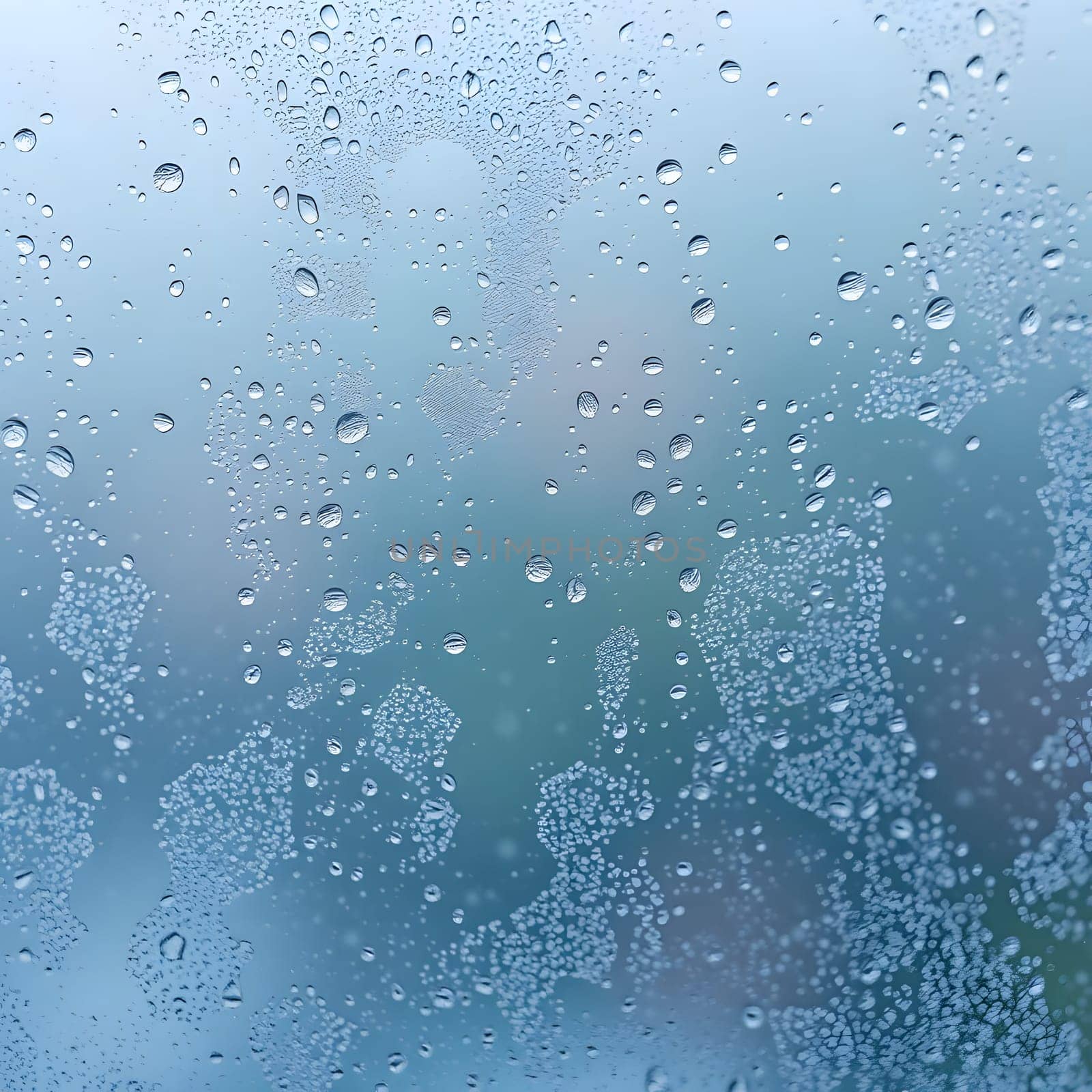 Droplets of water accumulate on the glass, forming patterns while obscuring the view outside. The soft light behind the rain contributes to a calm, cozy ambiance.