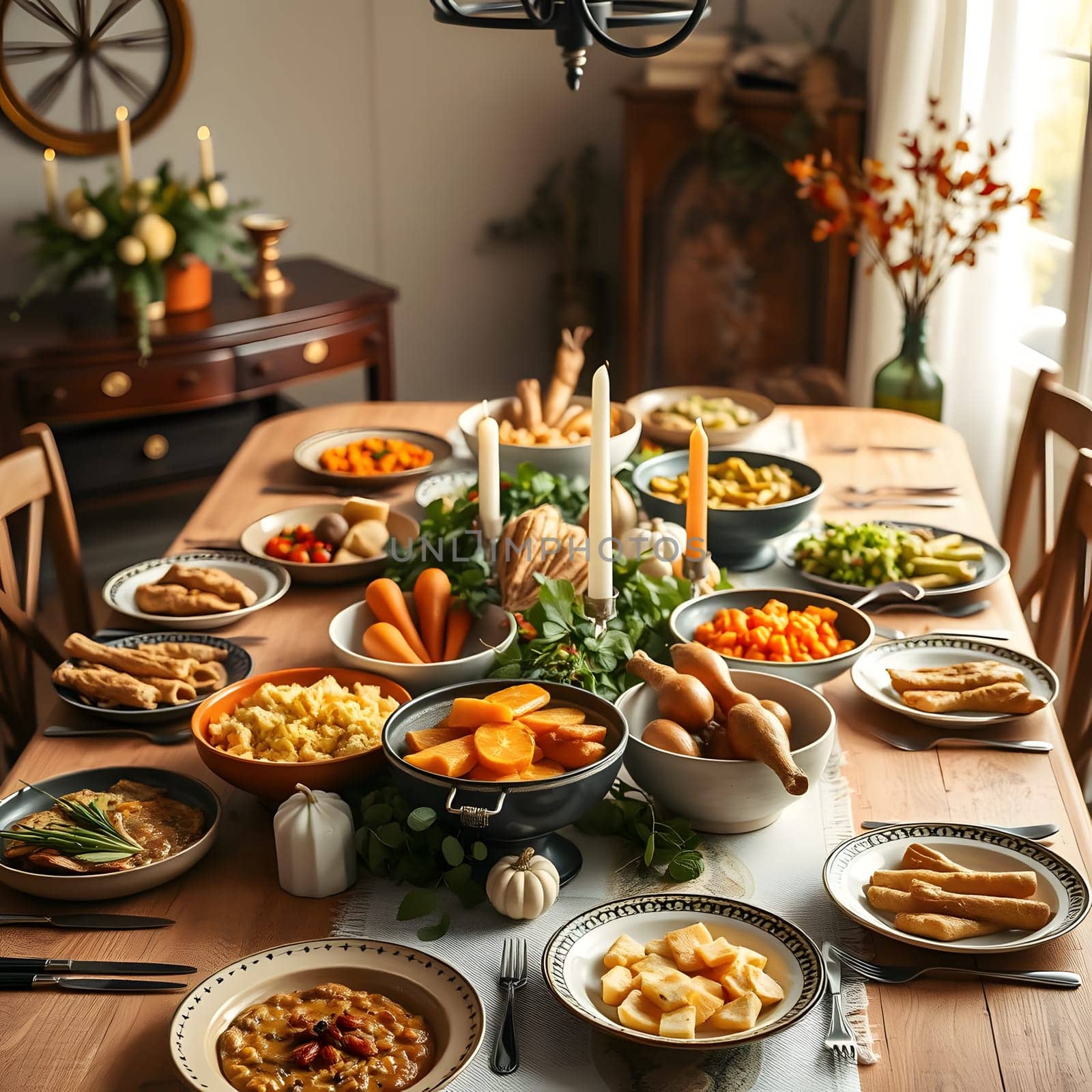 A beautifully arranged dining table showcases an array of seasonal dishes, featuring colorful vegetables, hearty casseroles, and decorative autumn elements, perfect for a family gathering.