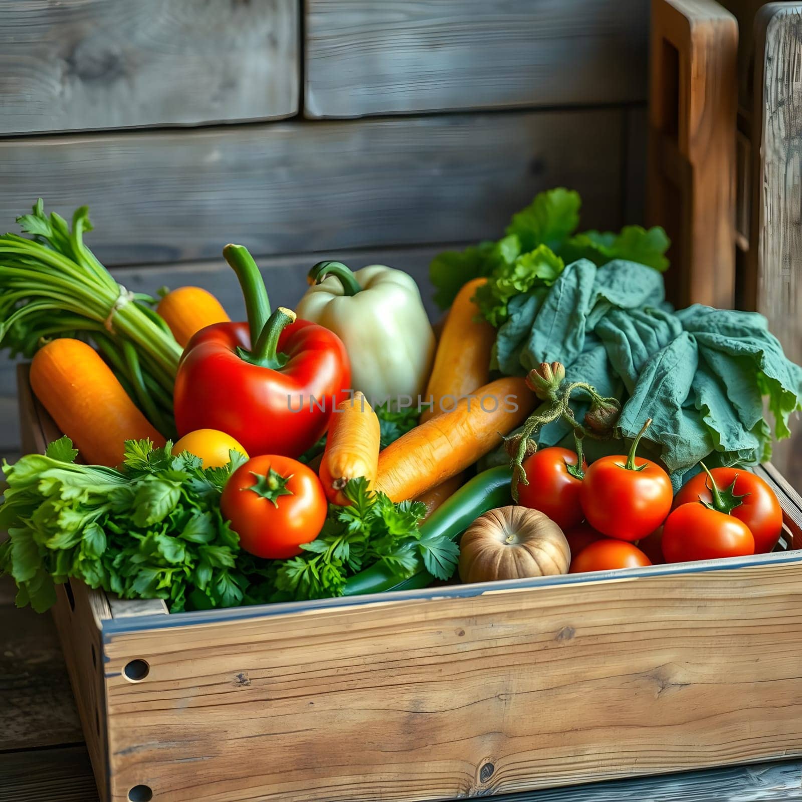 A wooden crate filled with vibrant, freshly harvested vegetables including red and green peppers, carrots, and various greens rests against a rustic wooden backdrop, showcasing farm freshness.