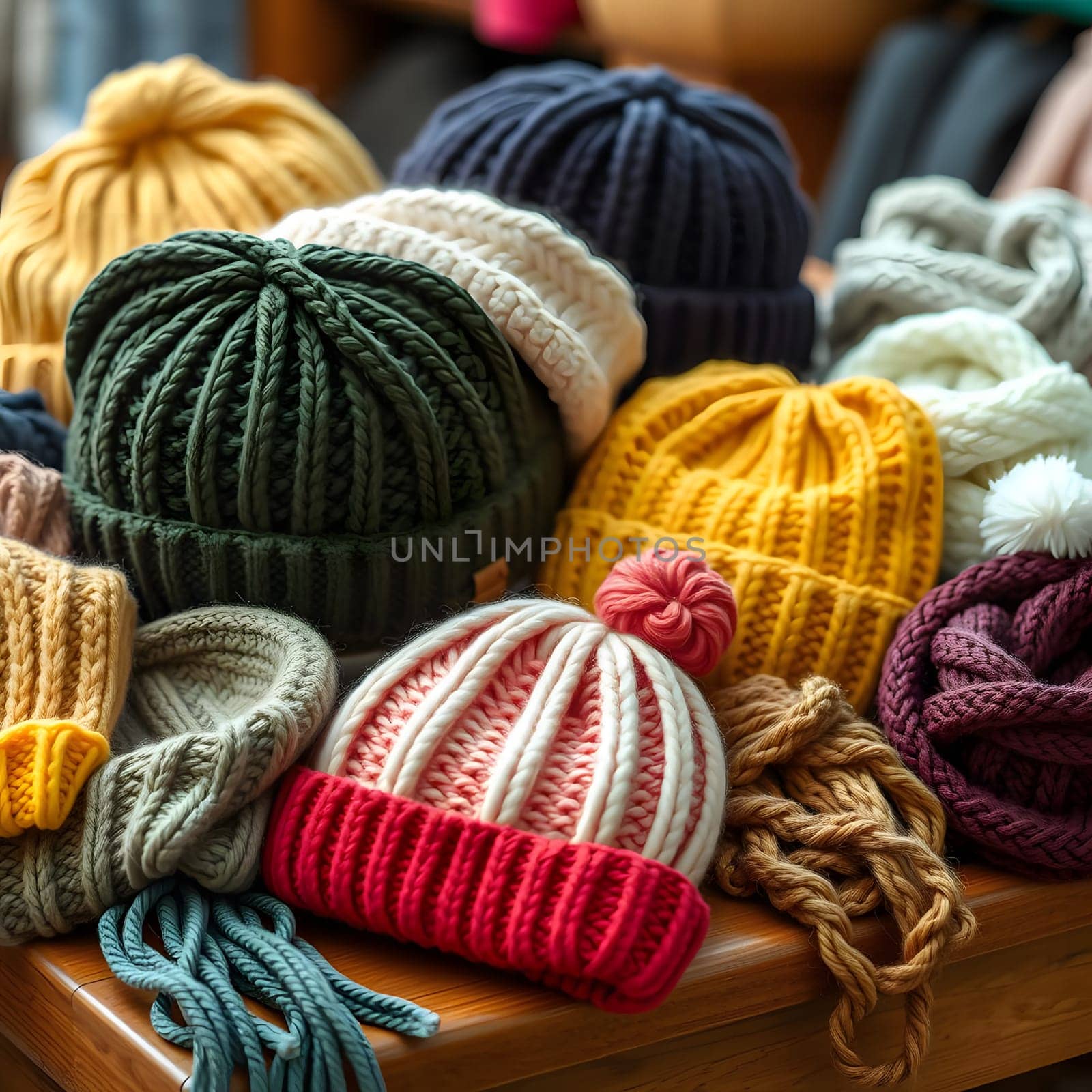A variety of knitted hats and scarves, showcasing an array of colors, are beautifully displayed on a wooden table. The cozy setting highlights the unique textures and styles of winter accessories.