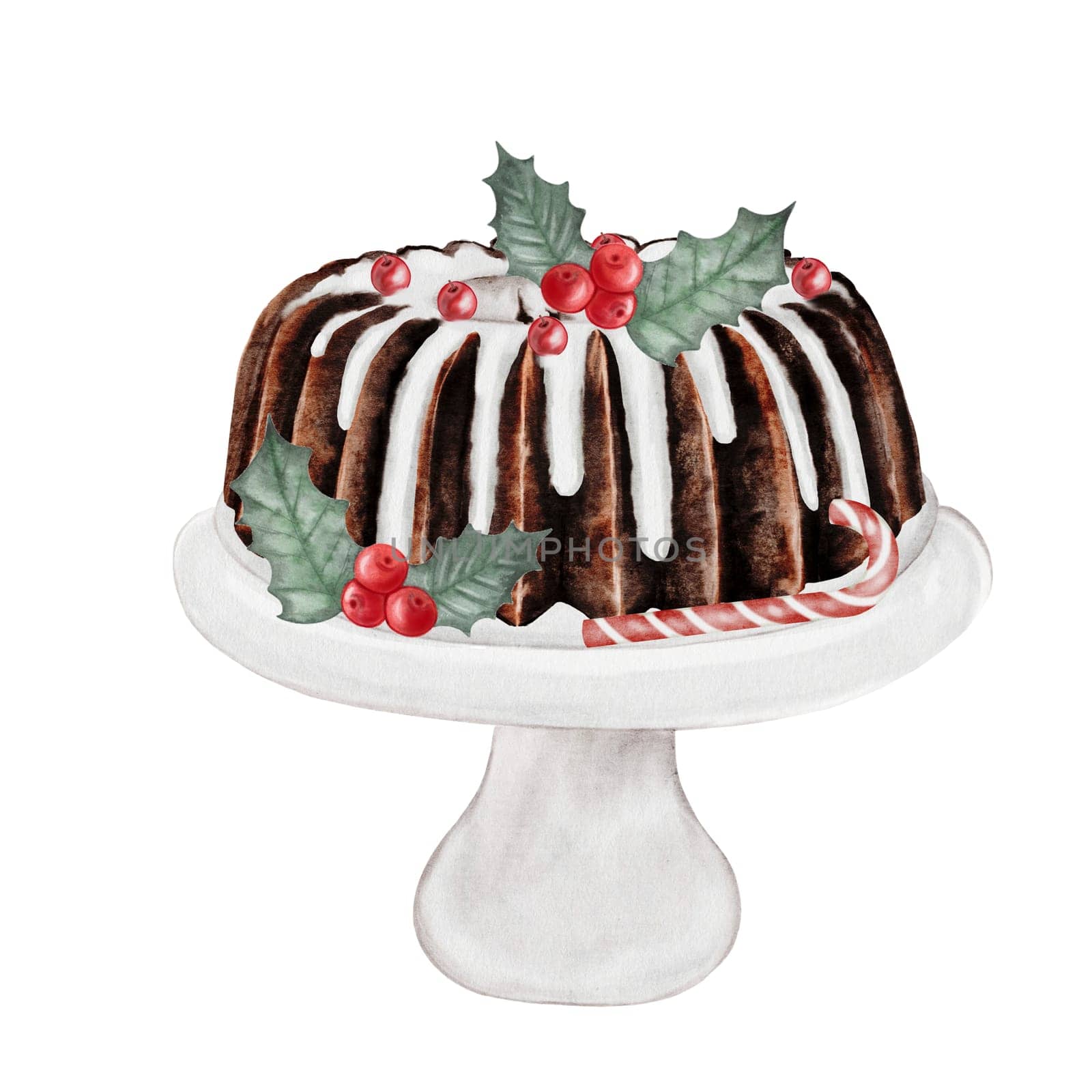 Christmas cake. Hand drawn watercolor traditional holiday cake on a stand with holly berries. Clip art of chocolate pastry on isolated white background. Ideal for cookbook and bakery menu. High quality photo