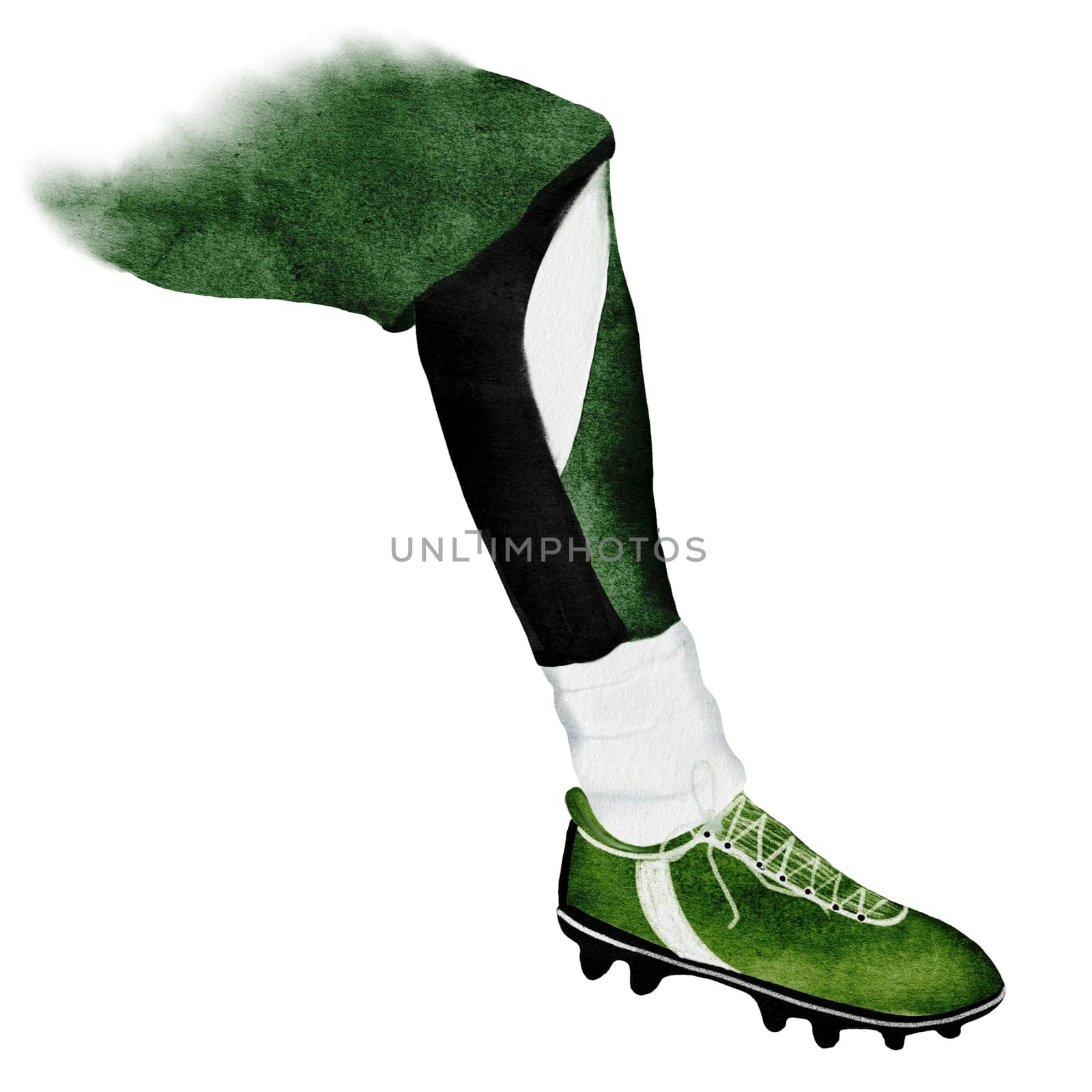 Footballer's foot watercolor. Hand drawn composition of football player's leg in a boot. Clip art of sports illustration on isolated white background. Ideal for advertising flyers, posters and match tickets. High quality illustration