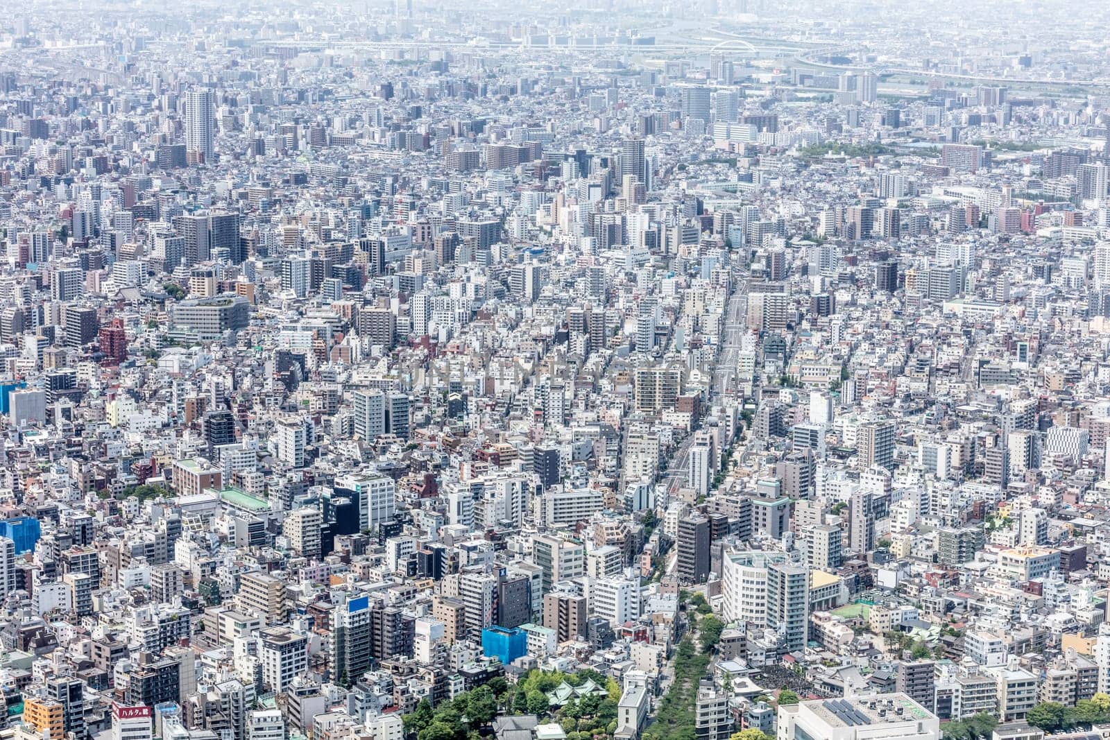 An aerial shot of the Tokyo skyline from the tallest tower in the world, the Tokyo Skytree, in downtown Tokyo, Japan