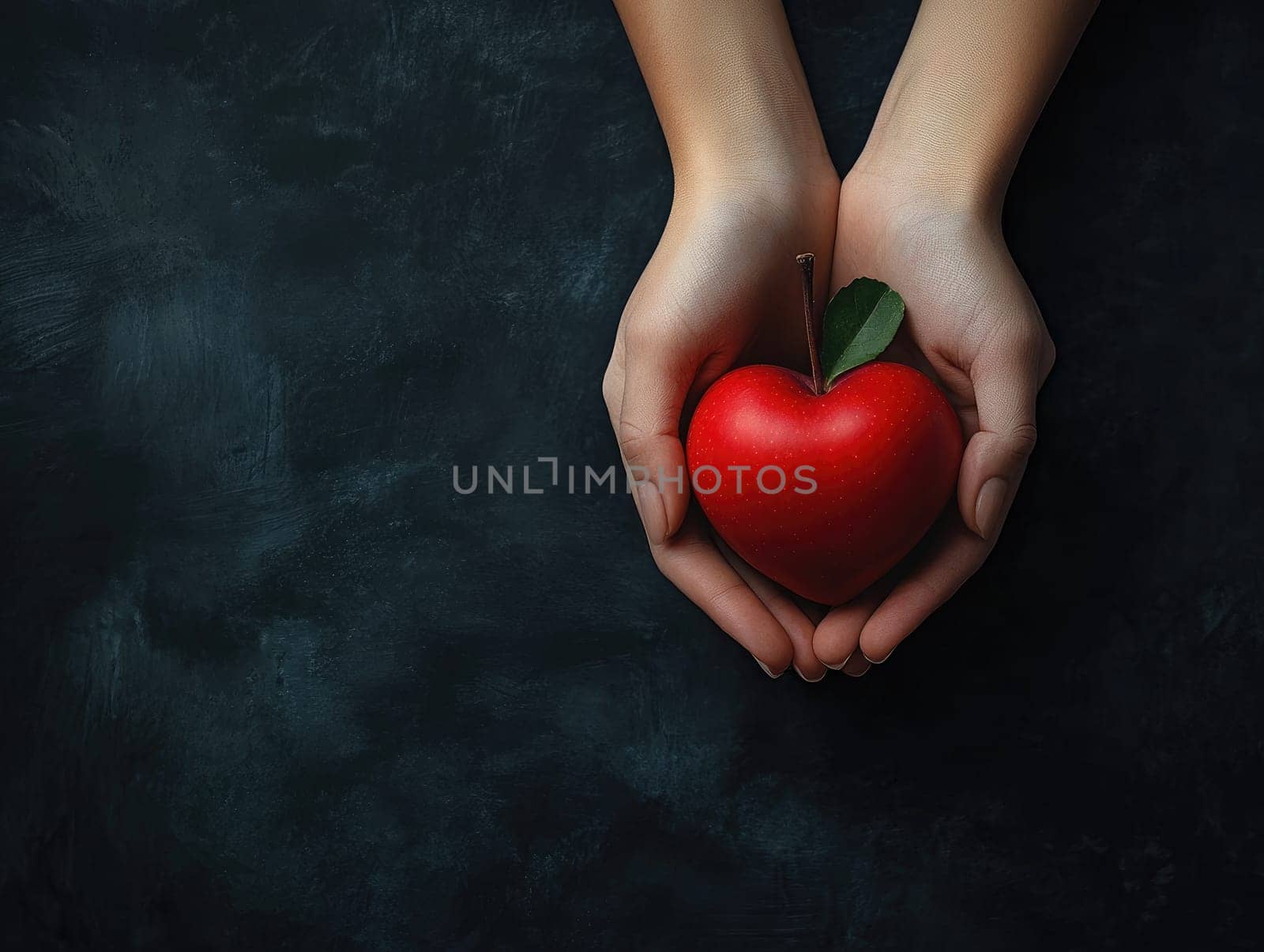 Giving tuesday concept with heart-shaped apple in hands on dark background.